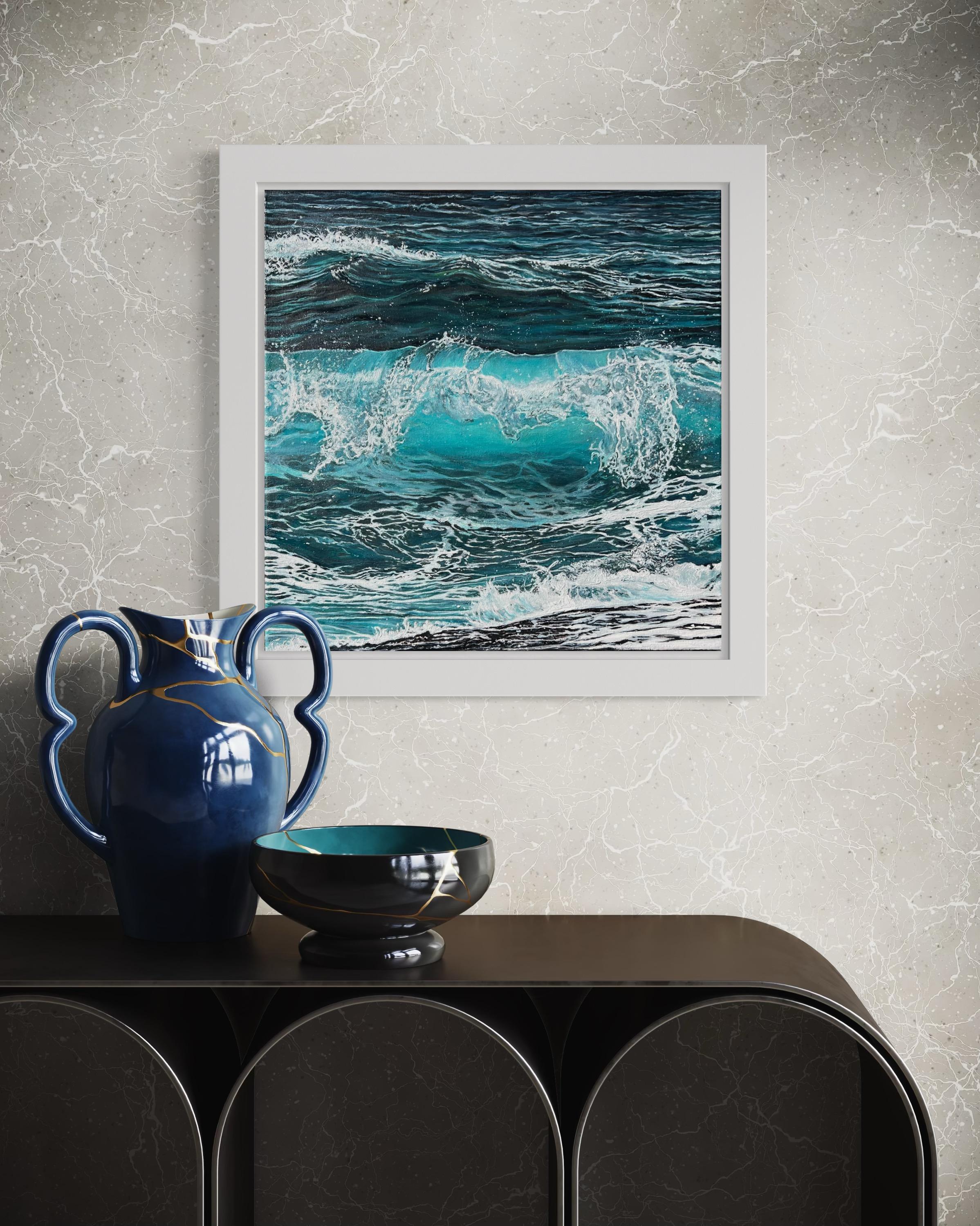 «Splash of Silence» – Turquoise Wave Hyperrealism Oil Painting For Sale 8