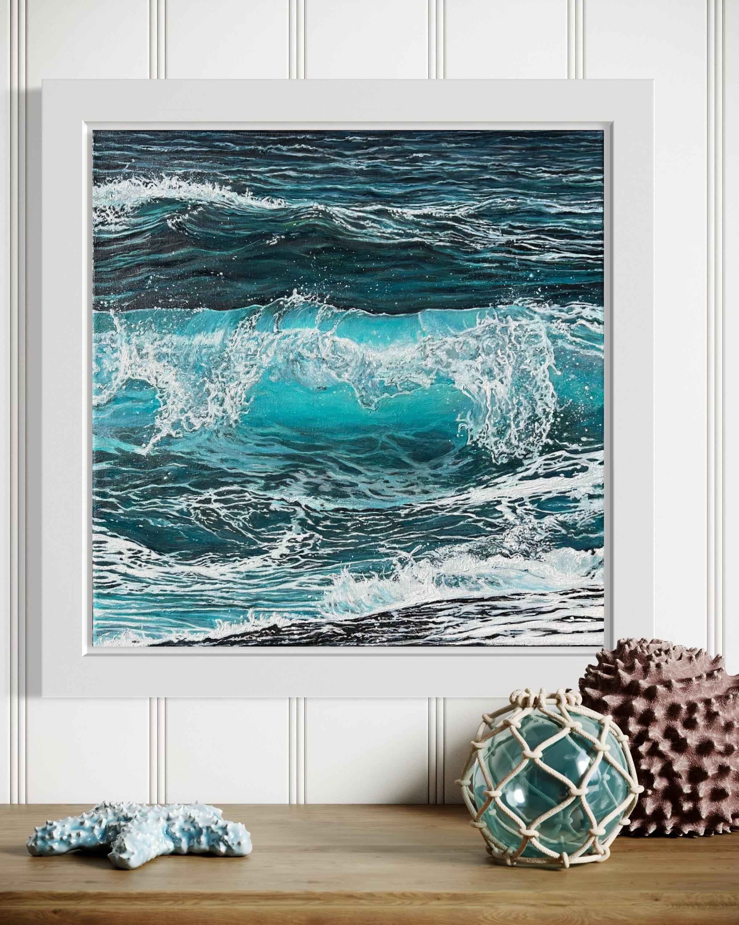 «Splash of Silence» – Turquoise Wave Hyperrealism Oil Painting For Sale 9