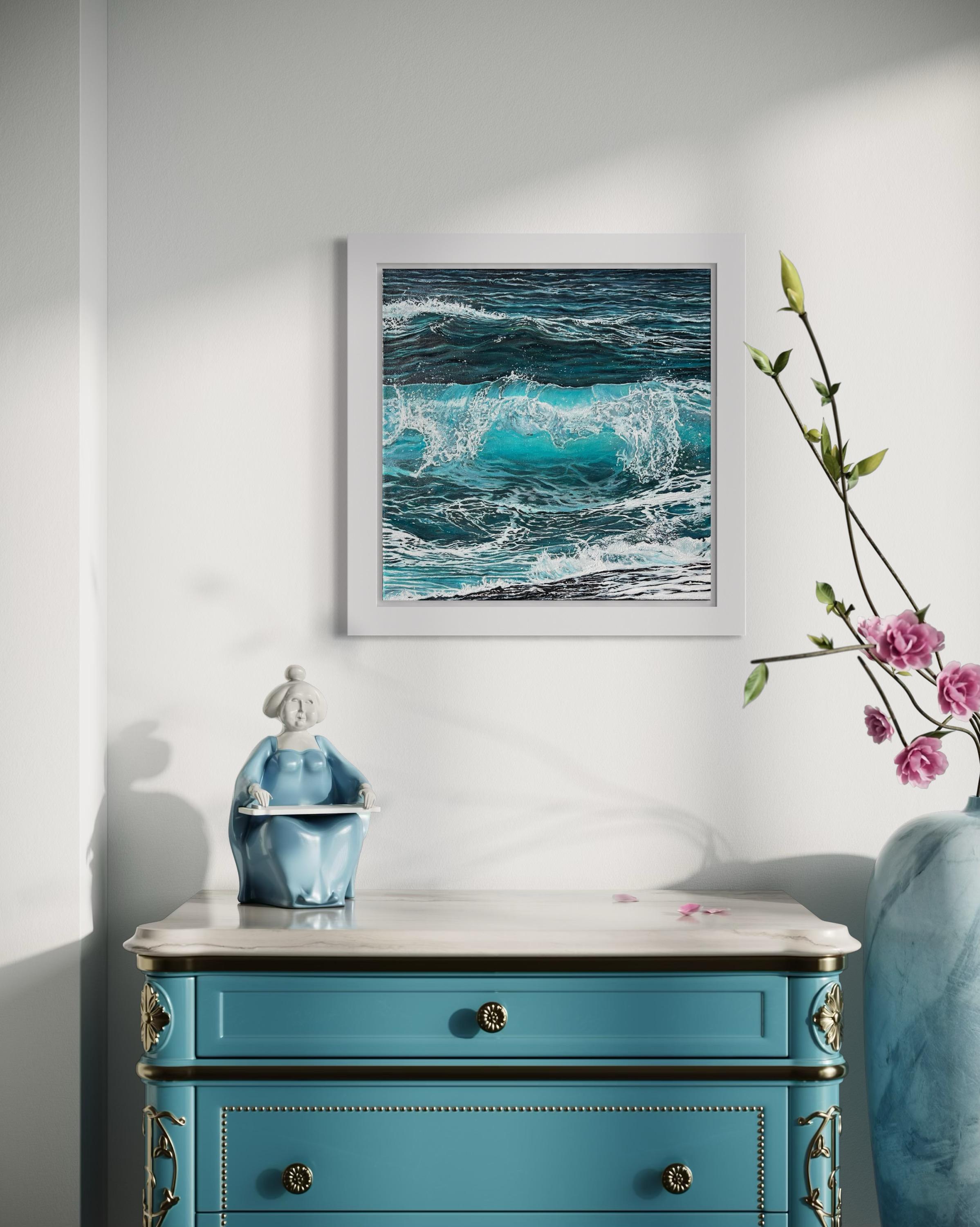 «Splash of Silence» – Turquoise Wave Hyperrealism Oil Painting For Sale 10