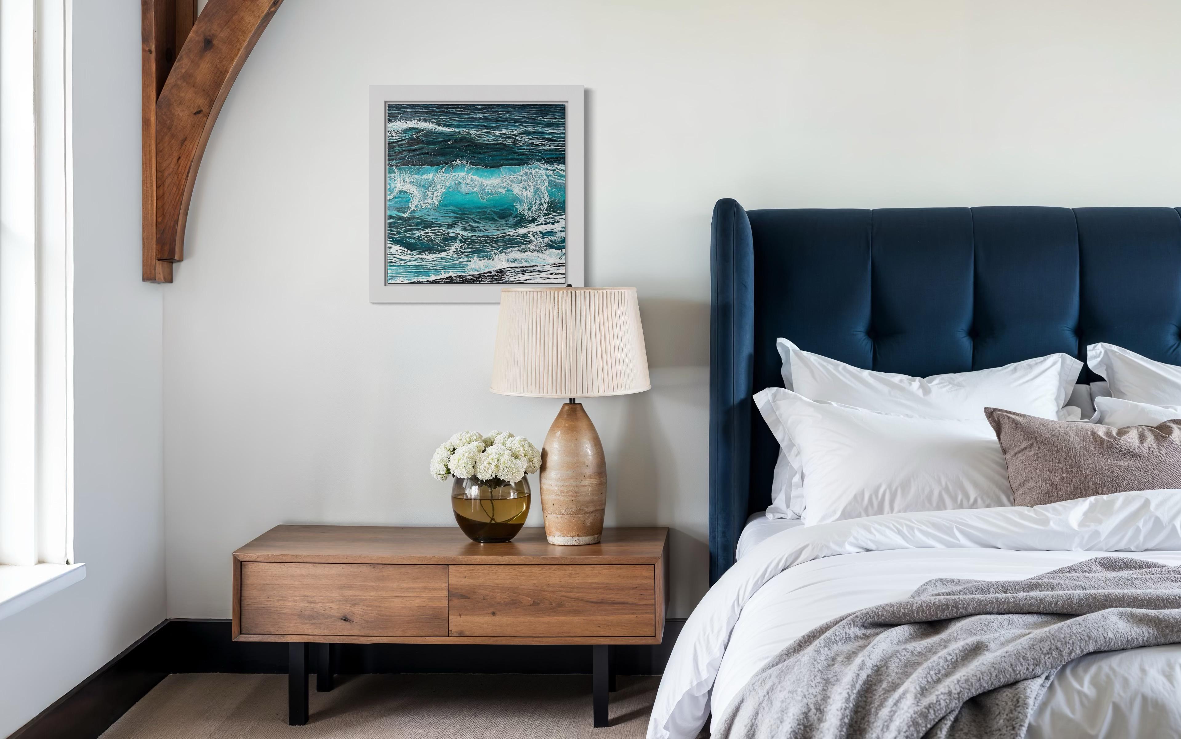 «Splash of Silence» – Turquoise Wave Hyperrealism Oil Painting For Sale 11