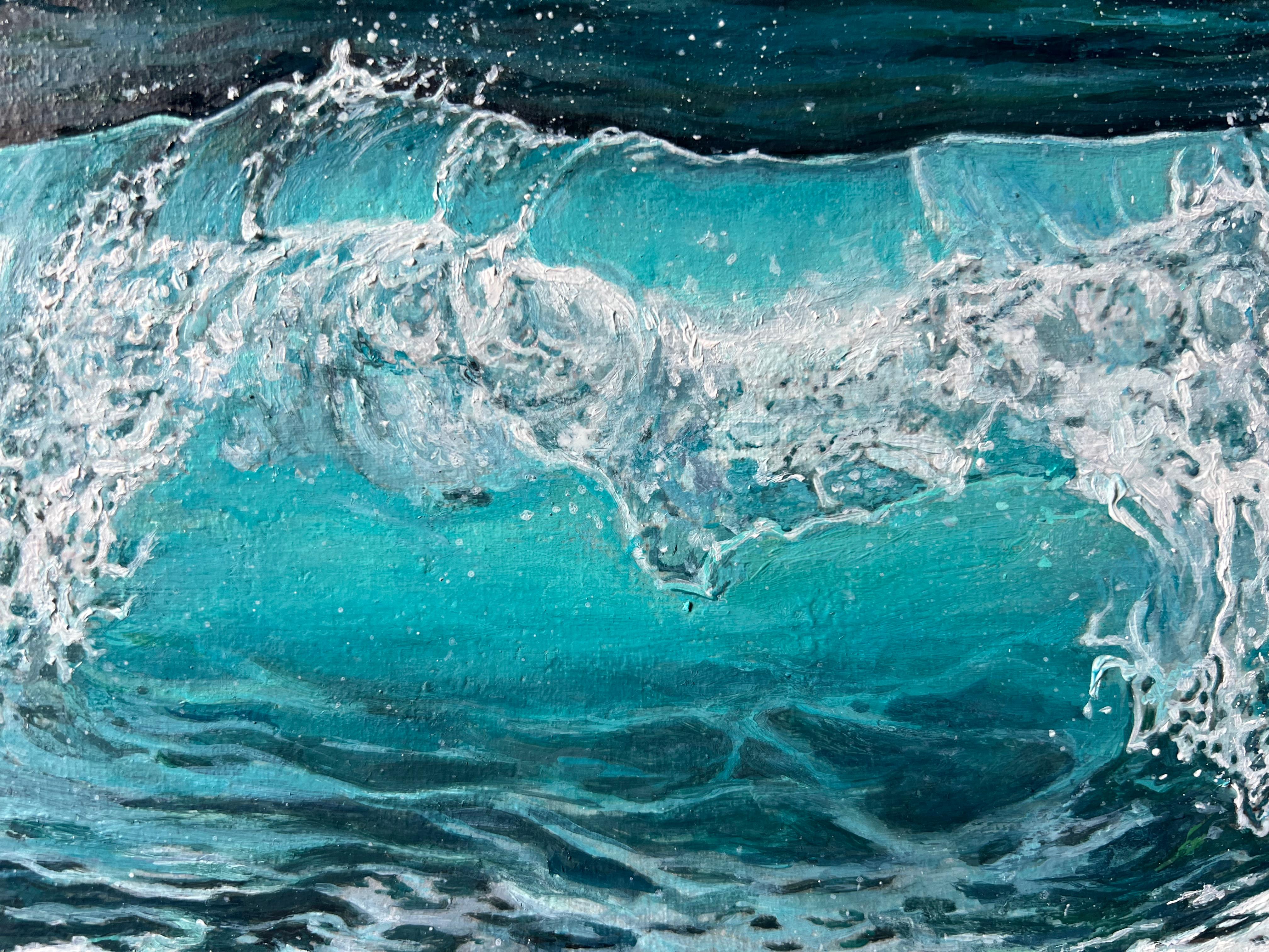 «Splash of Silence» – Turquoise Wave Hyperrealism Oil Painting - Blue Landscape Painting by DARIA DUDOCHNYKOVA