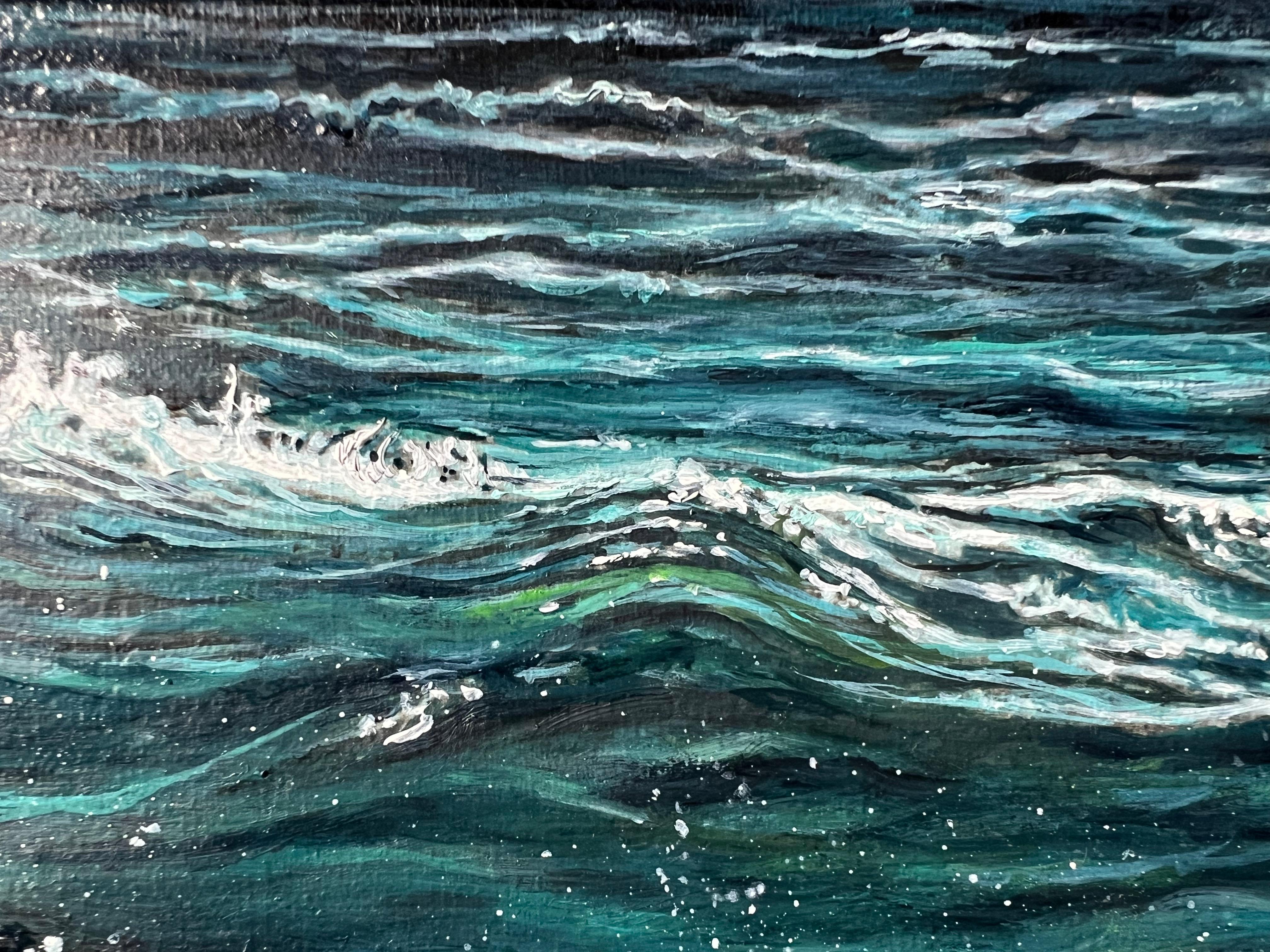 «Splash of Silence» – Turquoise Wave Hyperrealism Oil Painting For Sale 1