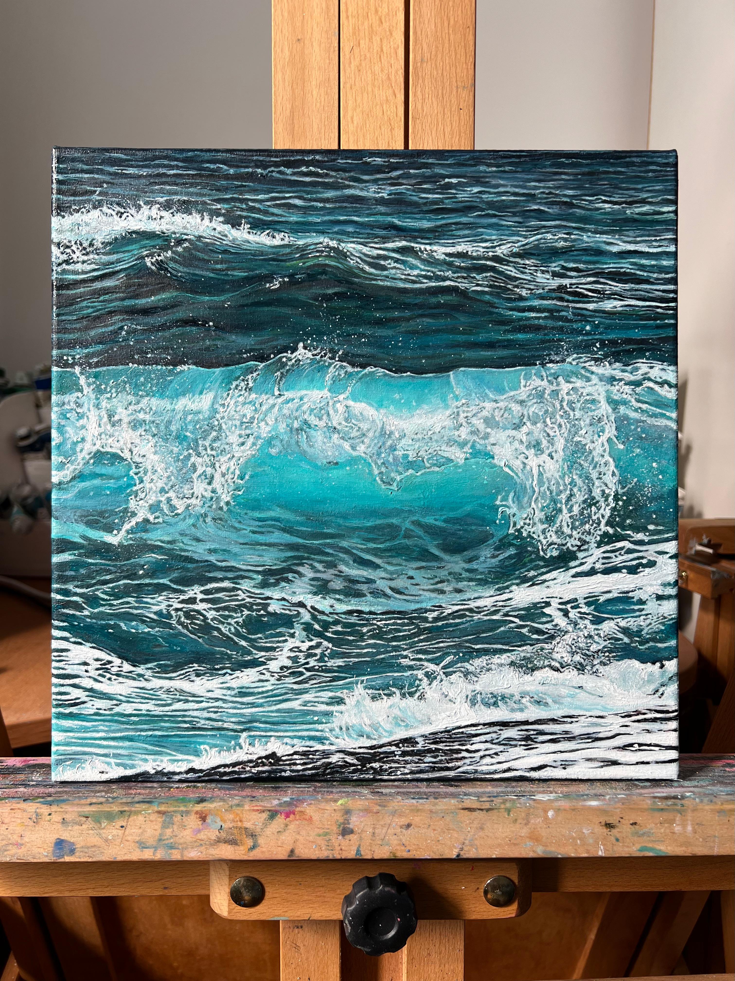 «Splash of Silence» – Turquoise Wave Hyperrealism Oil Painting For Sale 2