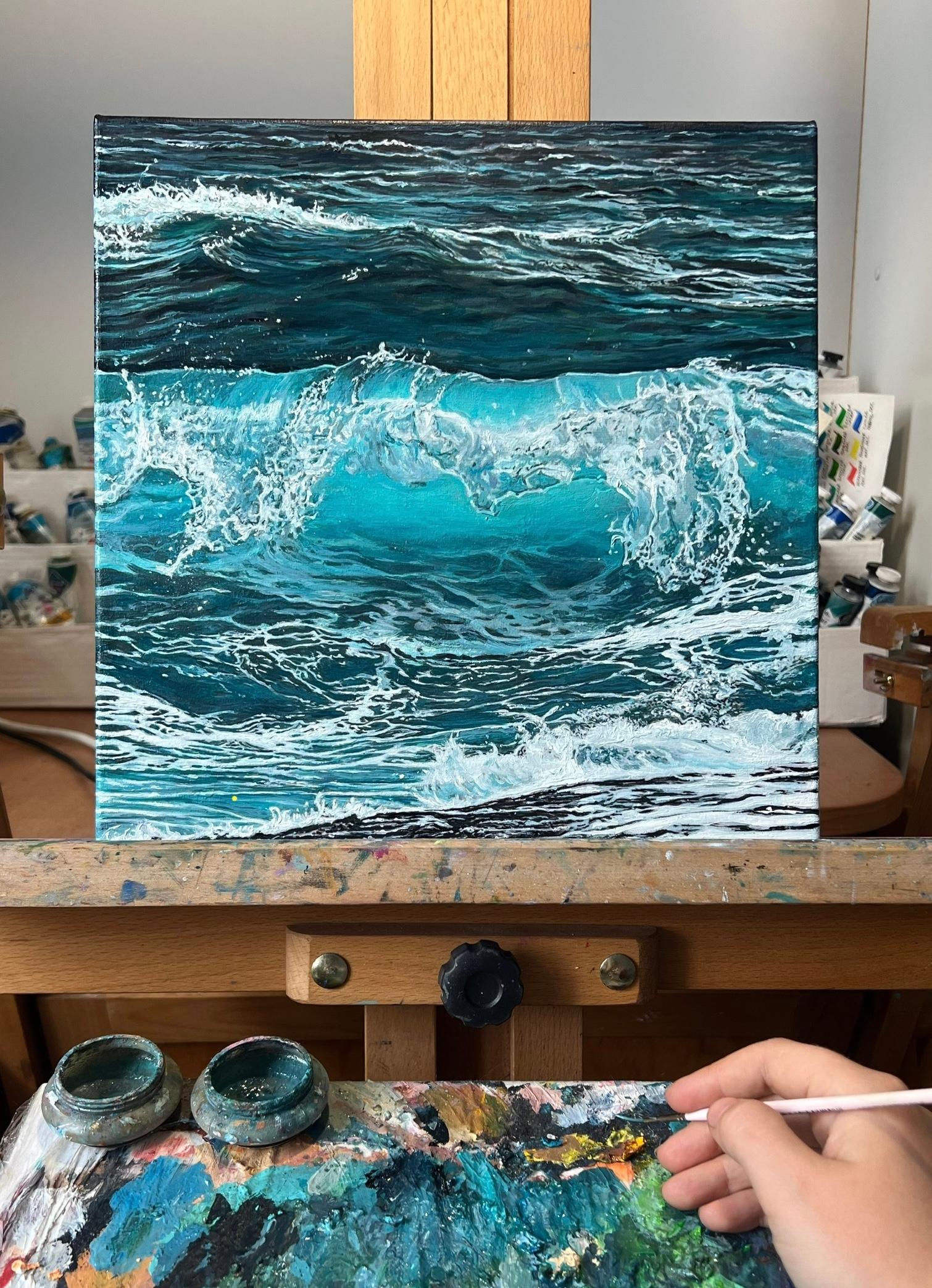 «Splash of Silence» – Turquoise Wave Hyperrealism Oil Painting For Sale 4