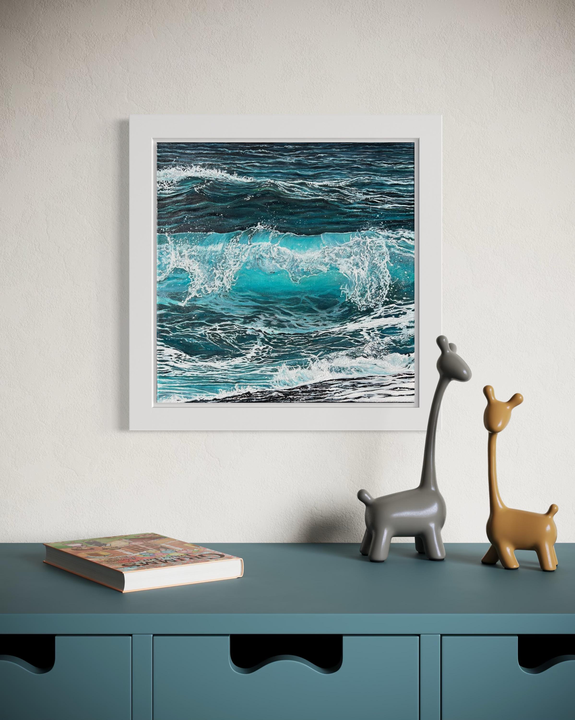 «Splash of Silence» – Turquoise Wave Hyperrealism Oil Painting For Sale 5