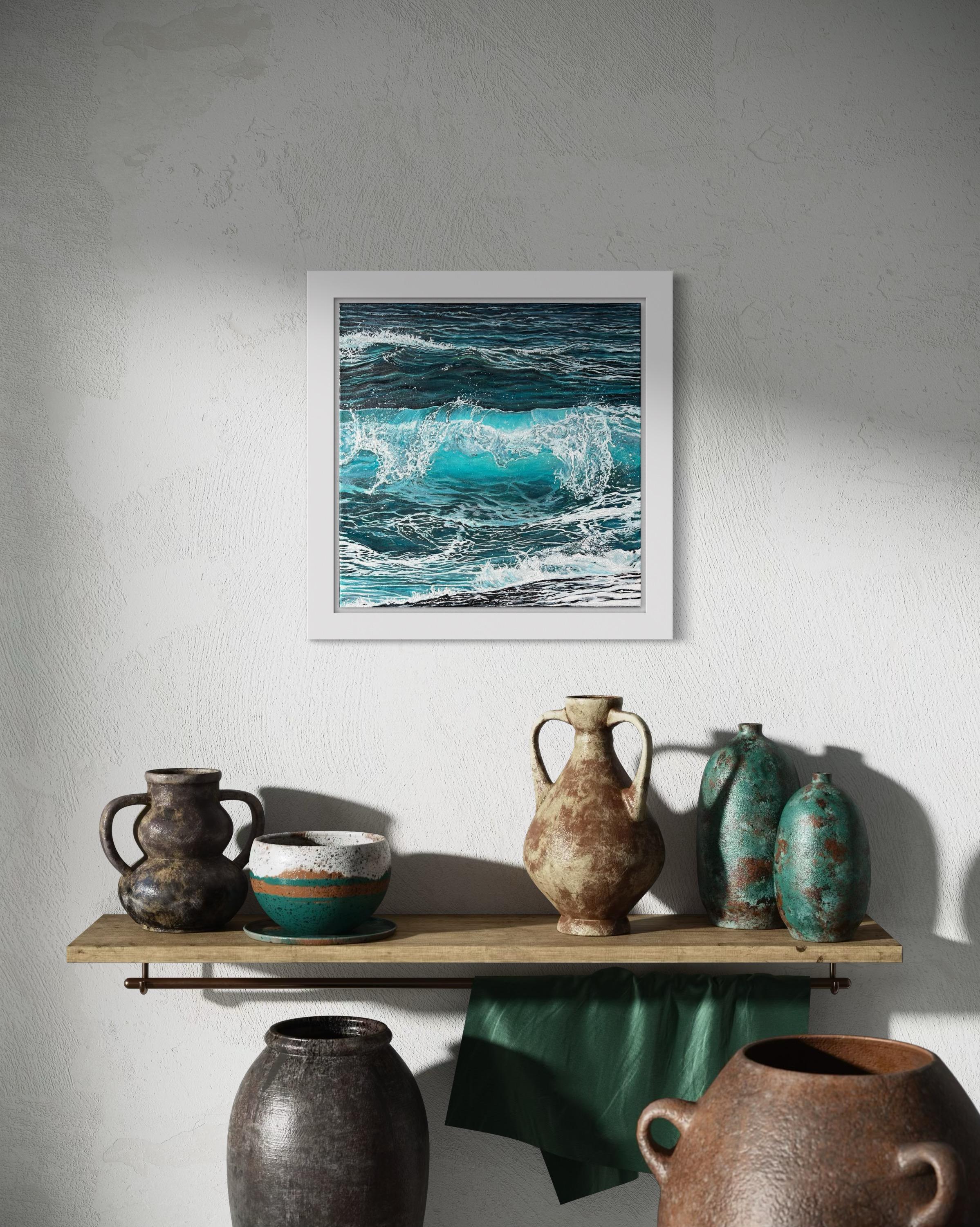 «Splash of Silence» – Turquoise Wave Hyperrealism Oil Painting For Sale 6