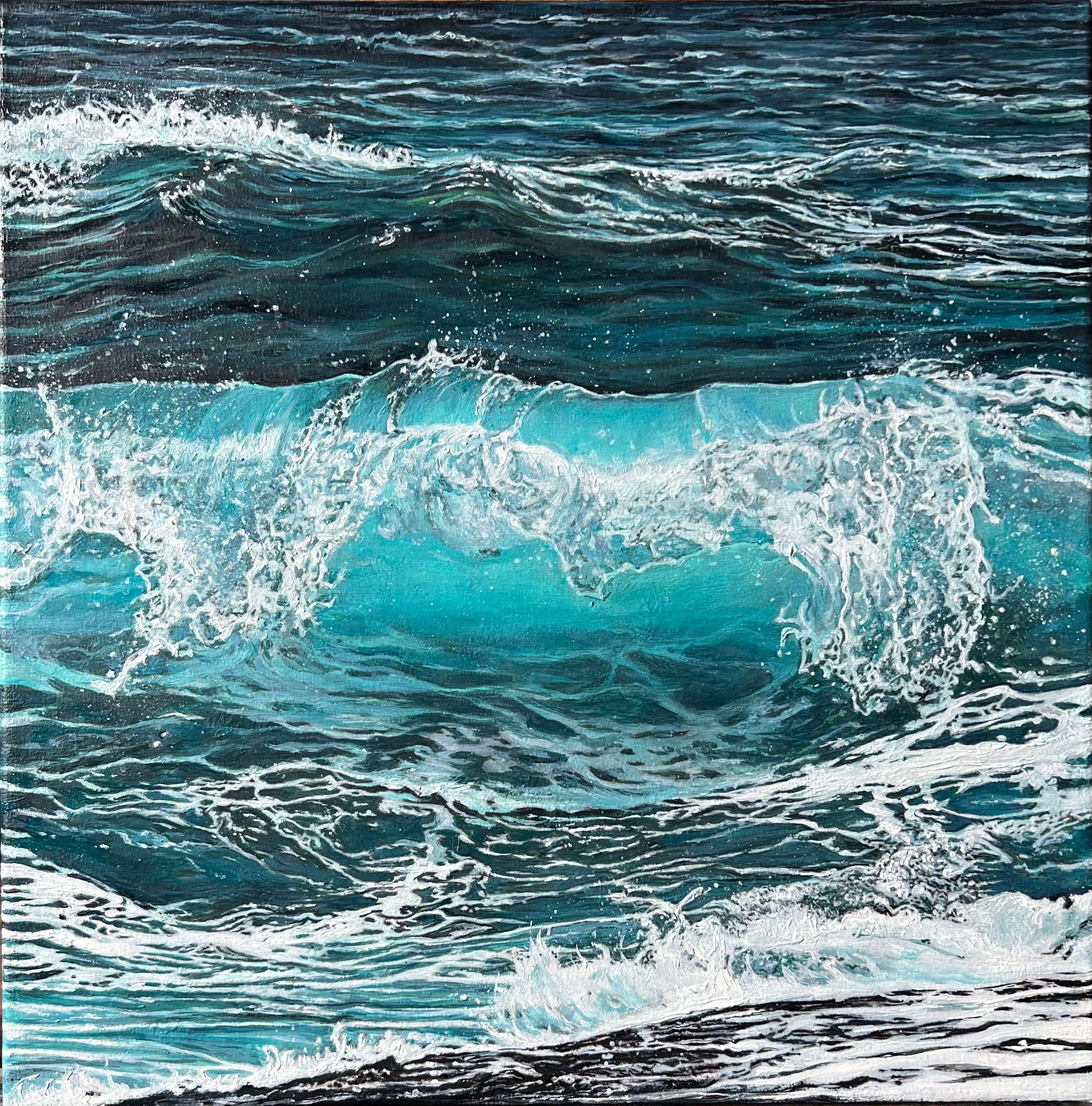 DARIA DUDOCHNYKOVA Landscape Painting - «Splash of Silence» – Turquoise Wave Hyperrealism Oil Painting