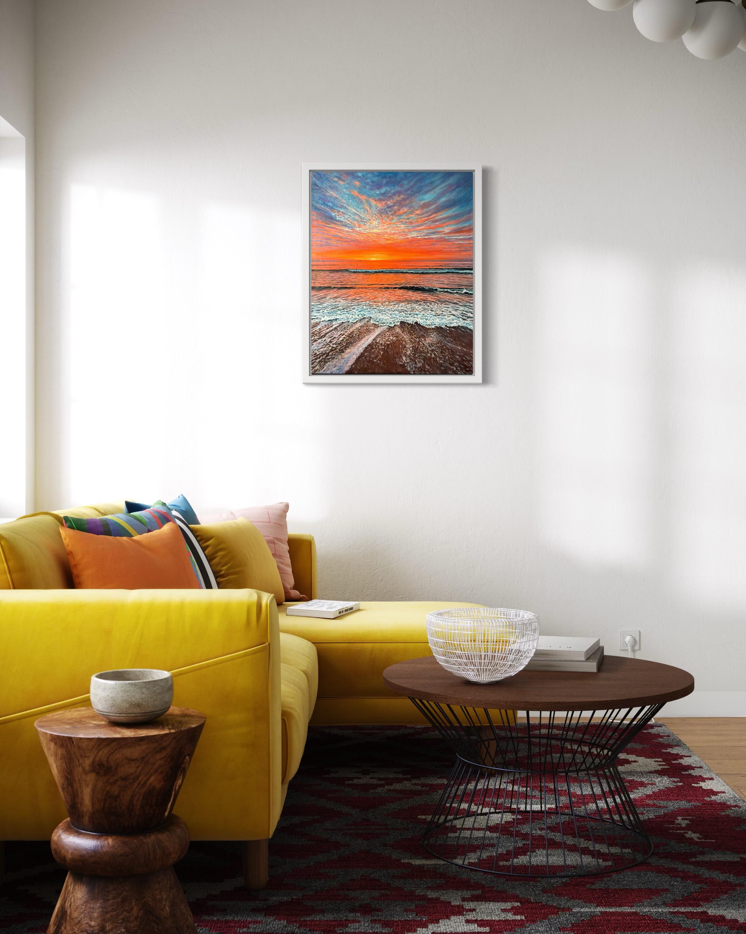 «The Scarlet Embrace of Dusk» – Hyperrealism Sunset Seascape Oil Painting For Sale 7