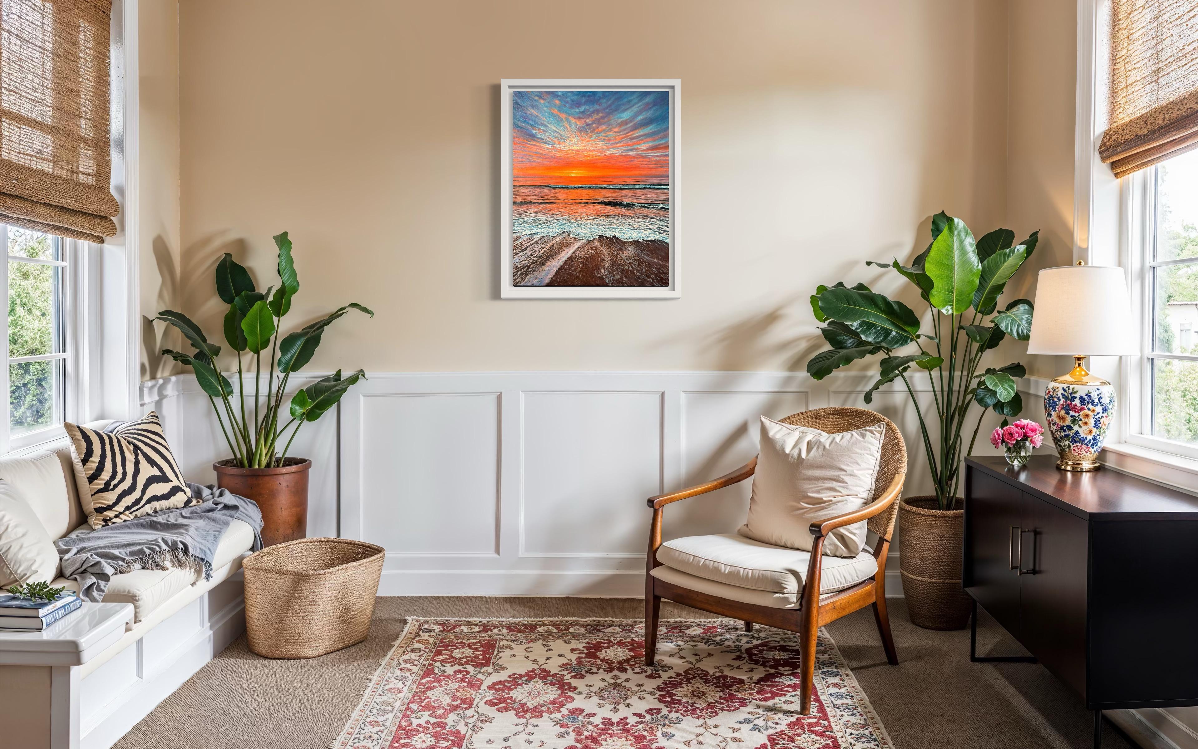 «The Scarlet Embrace of Dusk» – Hyperrealism Sunset Seascape Oil Painting For Sale 9