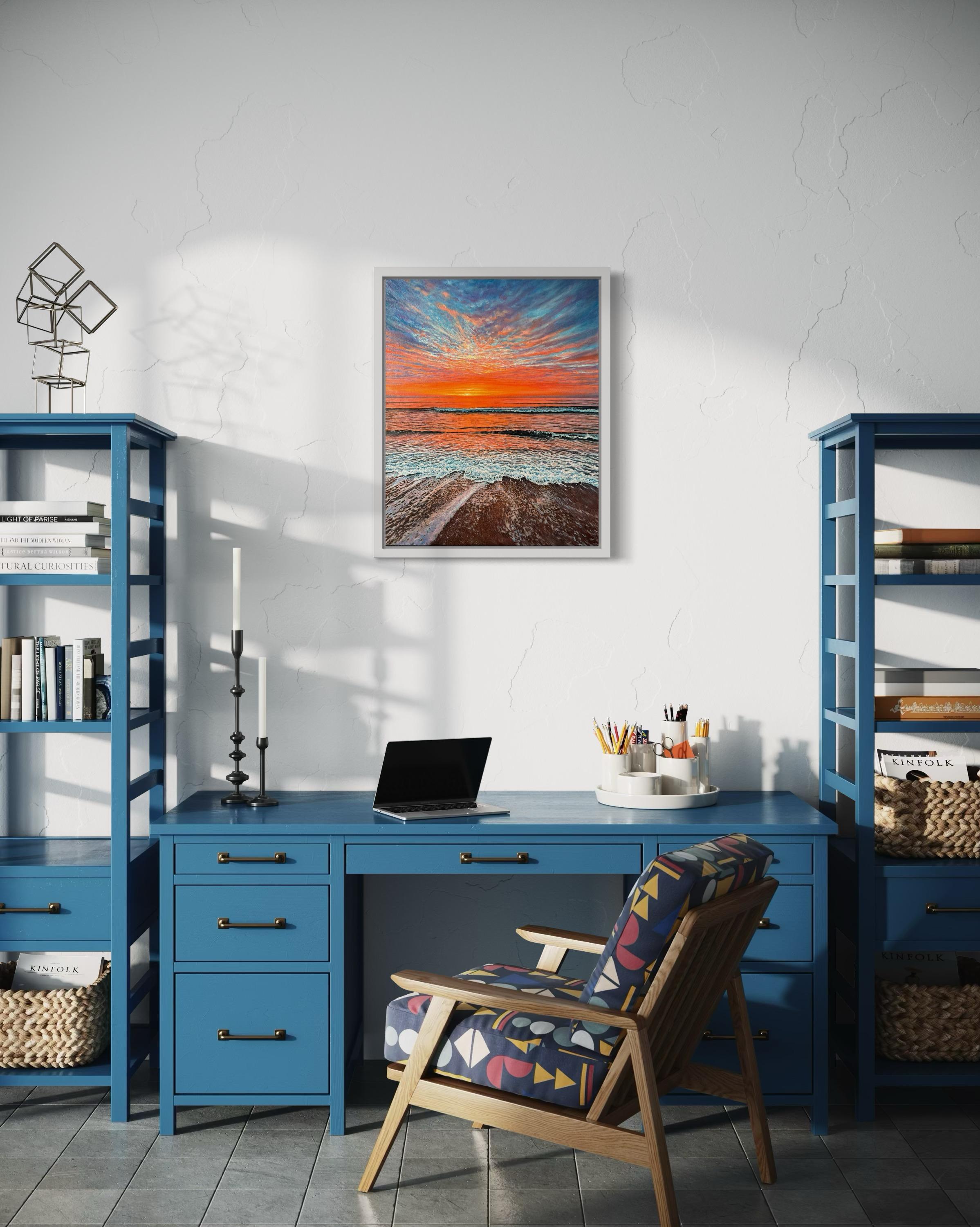 «The Scarlet Embrace of Dusk» – Hyperrealism Sunset Seascape Oil Painting For Sale 10