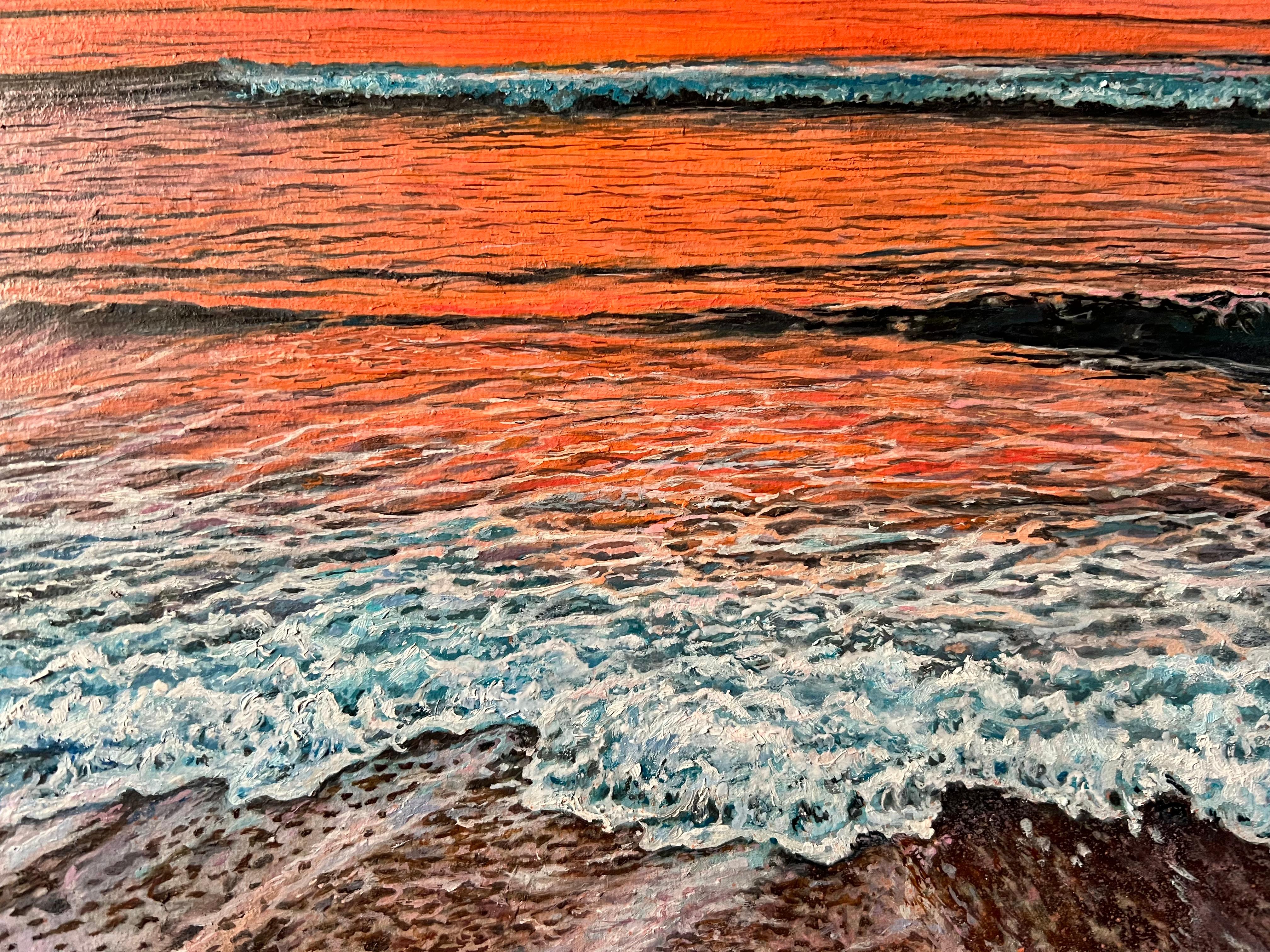 «The Scarlet Embrace of Dusk» – Hyperrealism Sunset Seascape Oil Painting - Brown Landscape Painting by DARIA DUDOCHNYKOVA