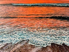 "El abrazo escarlata del crepúsculo" - Pintura al óleo de paisaje marino al atardecer hiperrealista