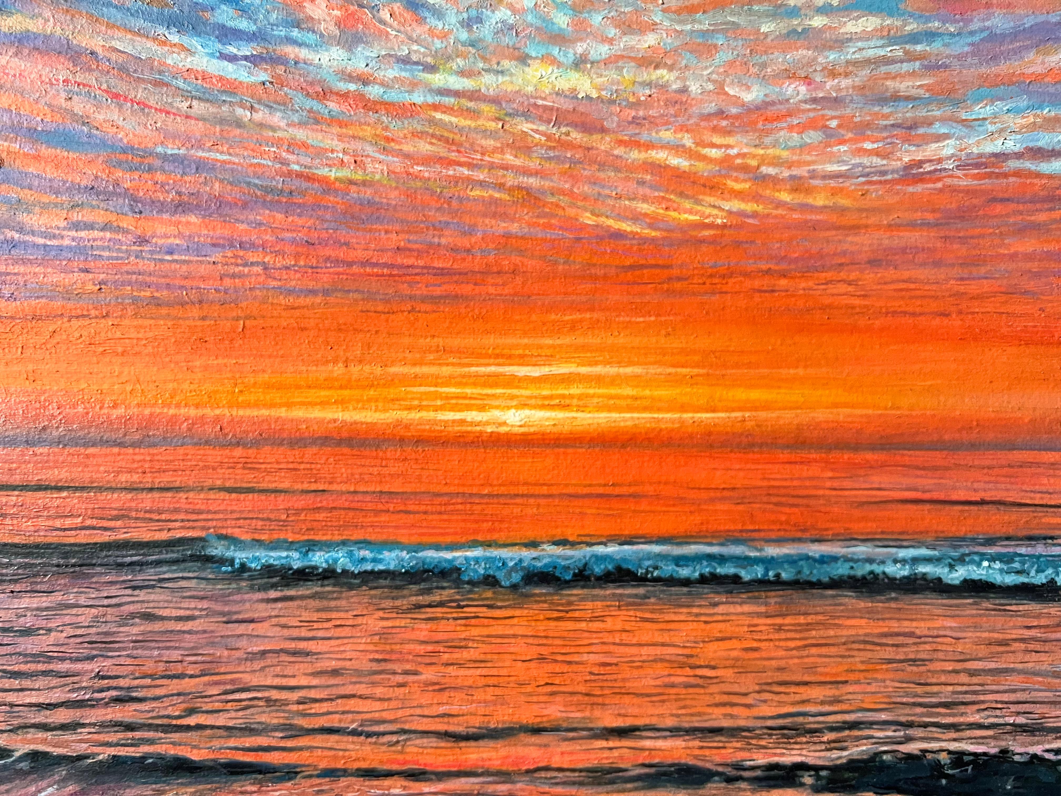 Created in March 2022, during the first weeks of the war in Ukraine, Light of Hope carries a deep emotional resonance. This hyperrealistic seascape unites the fiery energy of a sunset with the raw vitality of the ocean. The horizon glows in shades