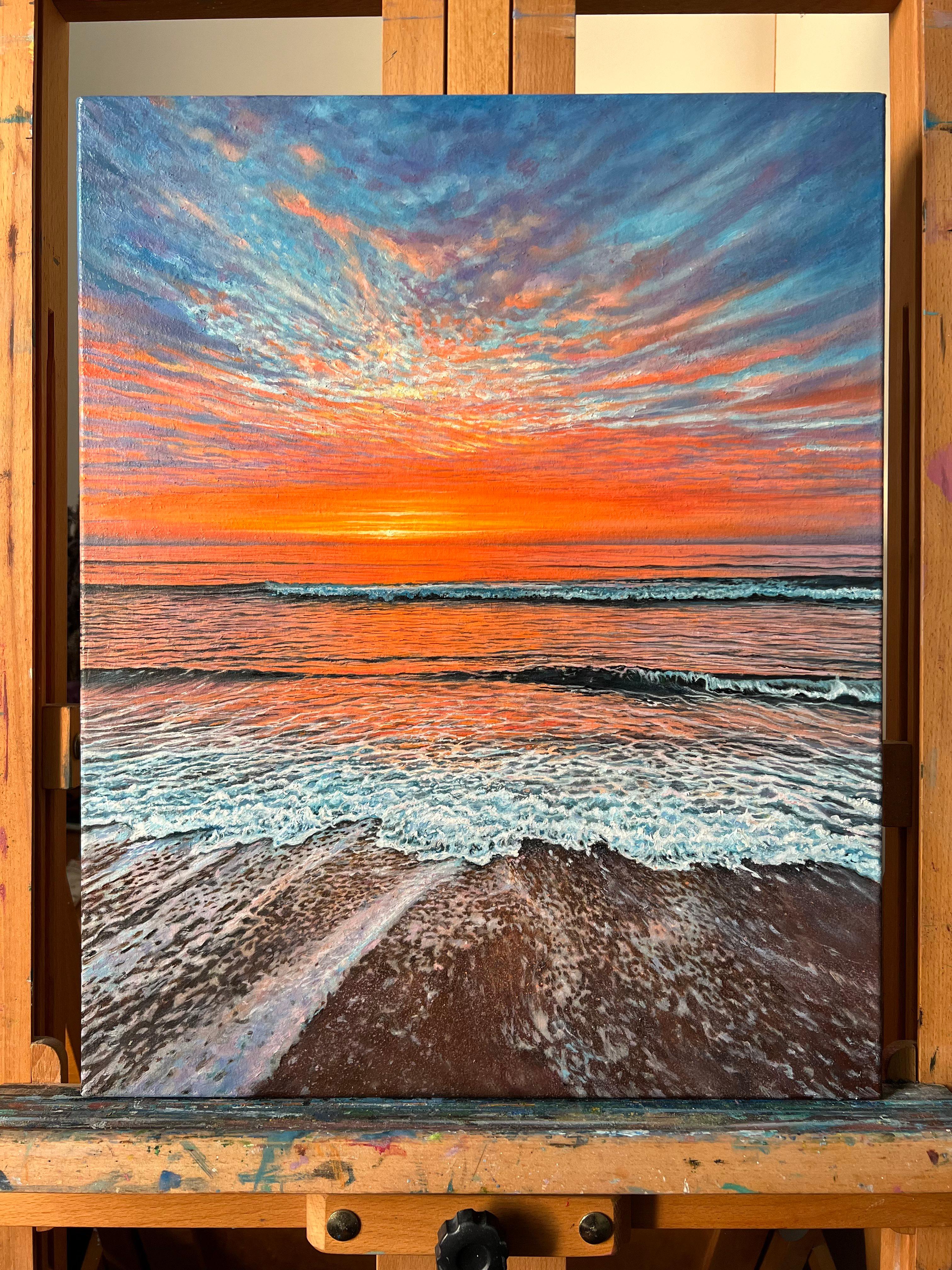«The Scarlet Embrace of Dusk» – Hyperrealism Sunset Seascape Oil Painting For Sale 2