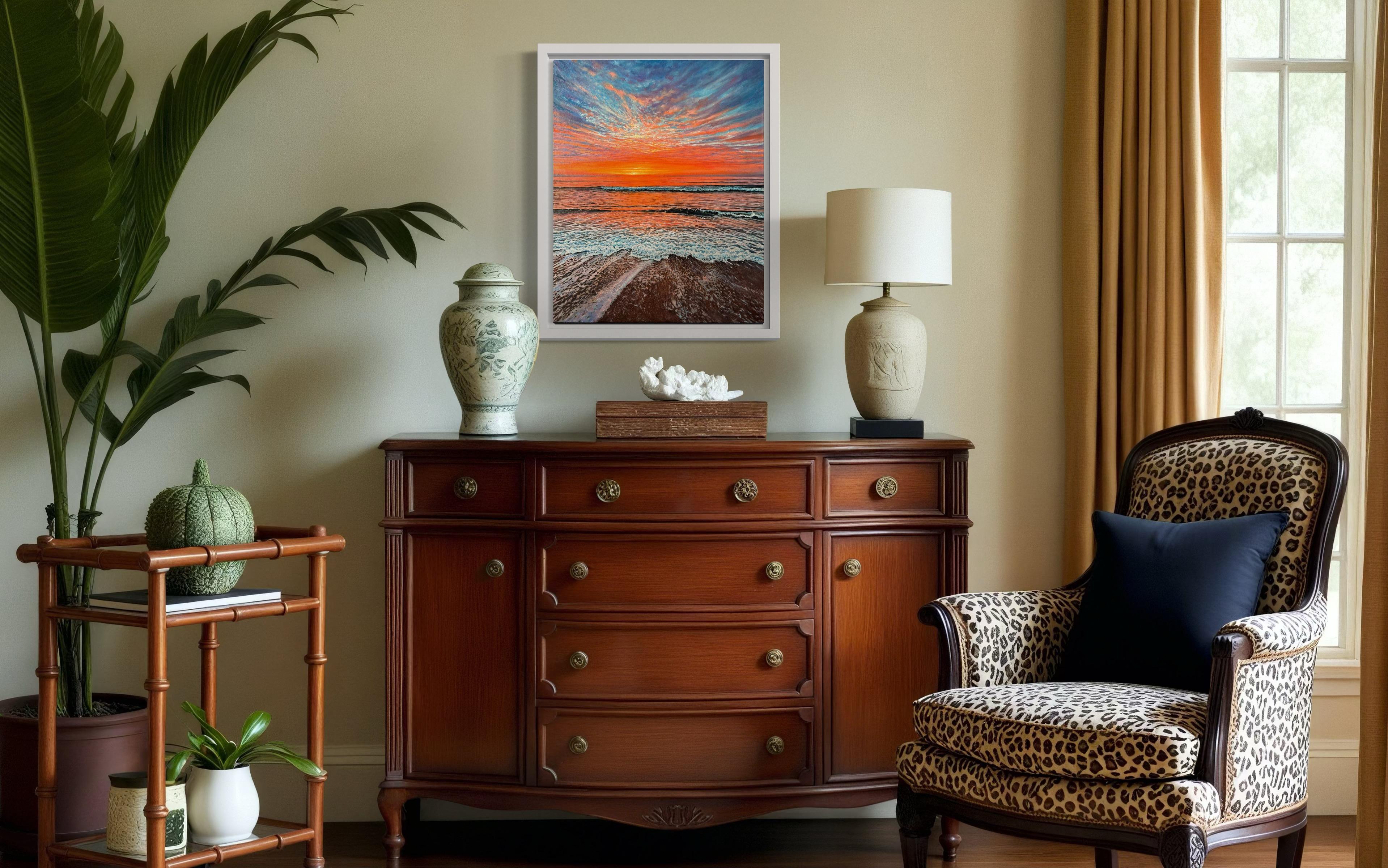 «The Scarlet Embrace of Dusk» – Hyperrealism Sunset Seascape Oil Painting For Sale 4