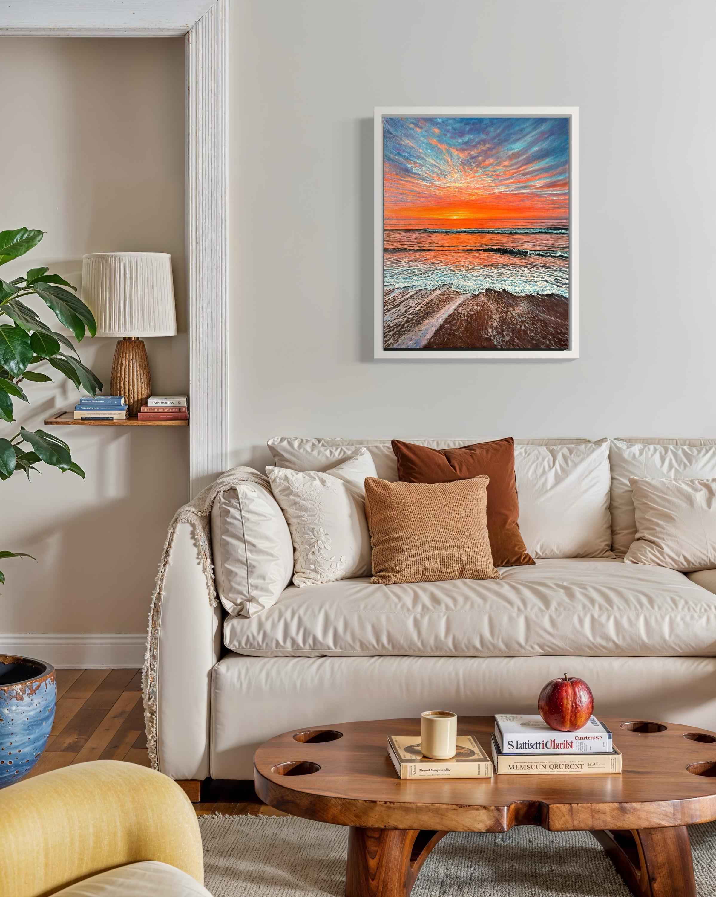«The Scarlet Embrace of Dusk» – Hyperrealism Sunset Seascape Oil Painting For Sale 5