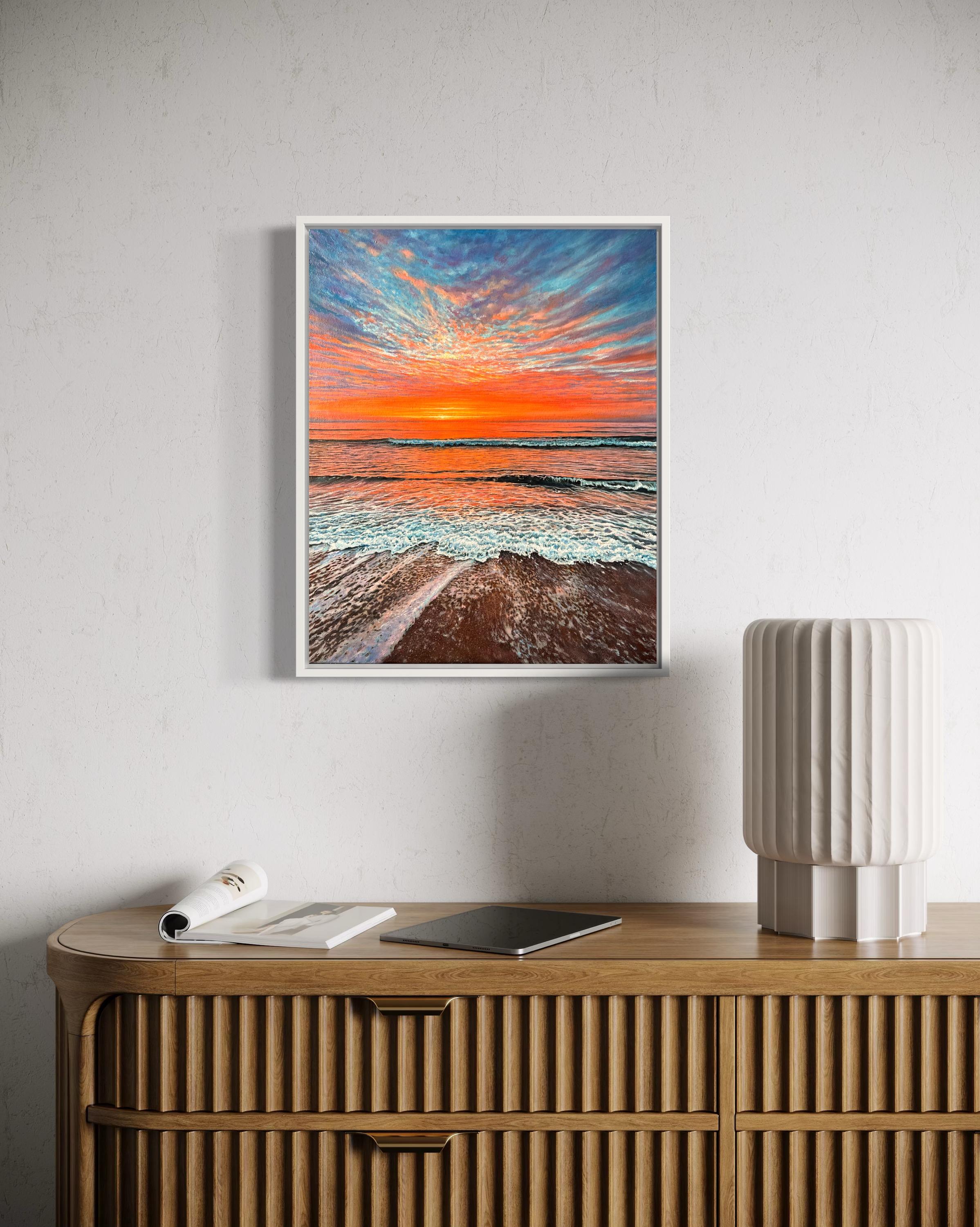 «The Scarlet Embrace of Dusk» – Hyperrealism Sunset Seascape Oil Painting For Sale 6