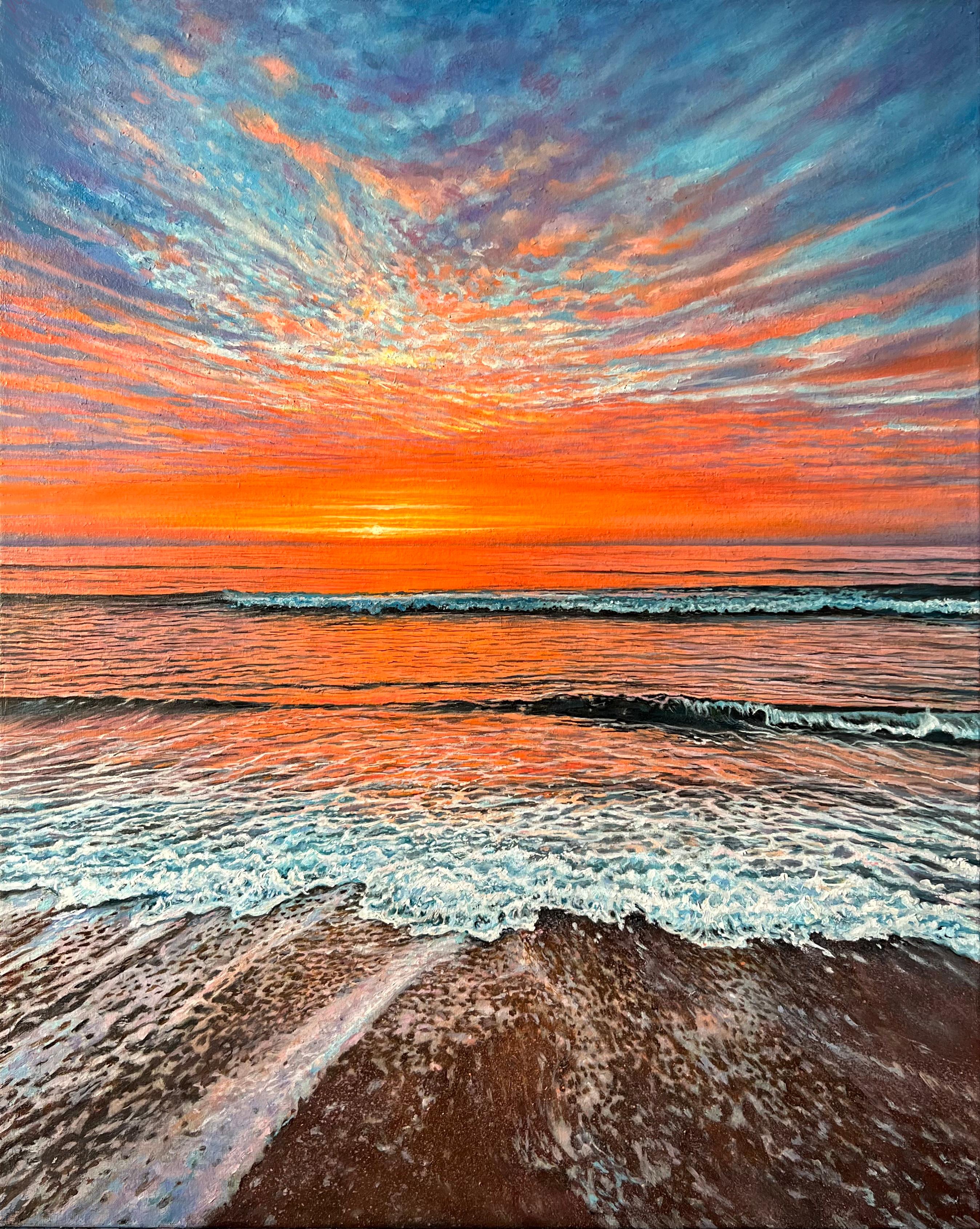 DARIA DUDOCHNYKOVA Landscape Painting - «The Scarlet Embrace of Dusk» – Hyperrealism Sunset Seascape Oil Painting