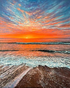 «The Scarlet Embrace of Dusk» – Hyperrealism Sunset Seascape Oil Painting
