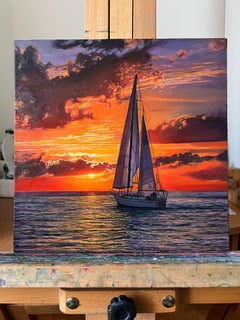 "Through the Flames of Sunset" — Realistic Oil Seascape with Sailing Boat at Fie