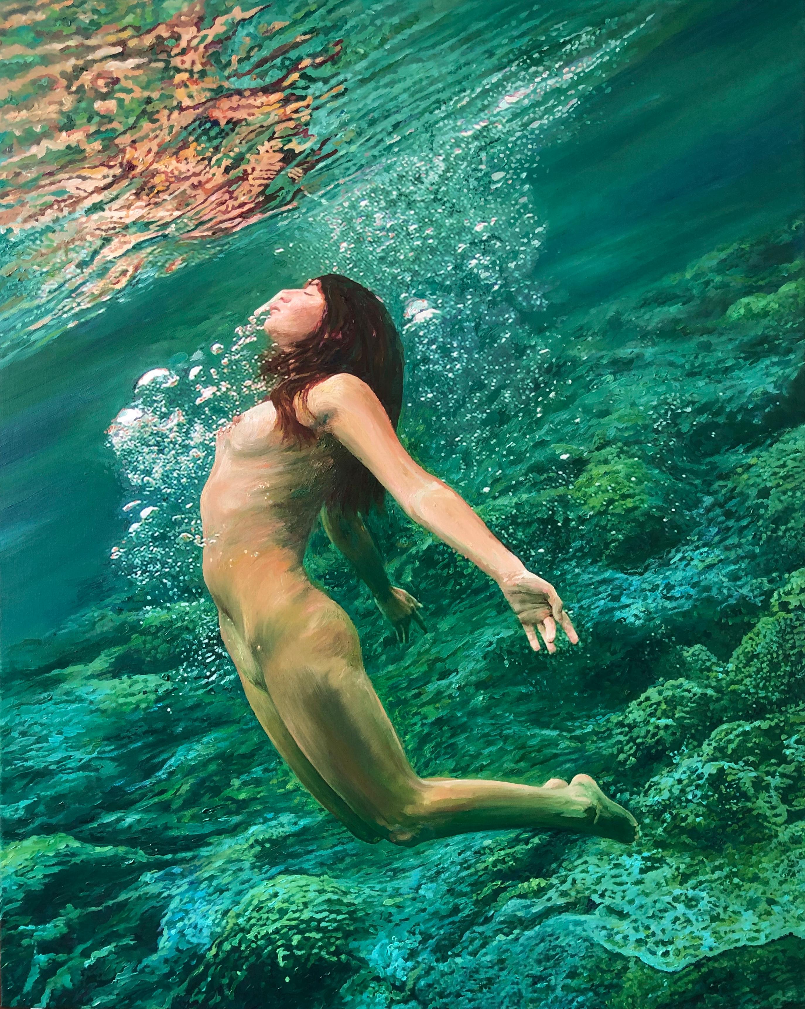 "Totale Freiheit" - Hyperrealistisches Ölgemälde einer Frau unter Wasser