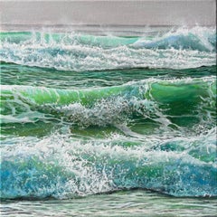 "Waves 2" - Paesaggio marino ad olio iperrealistico con onde smeraldine che si infrangono