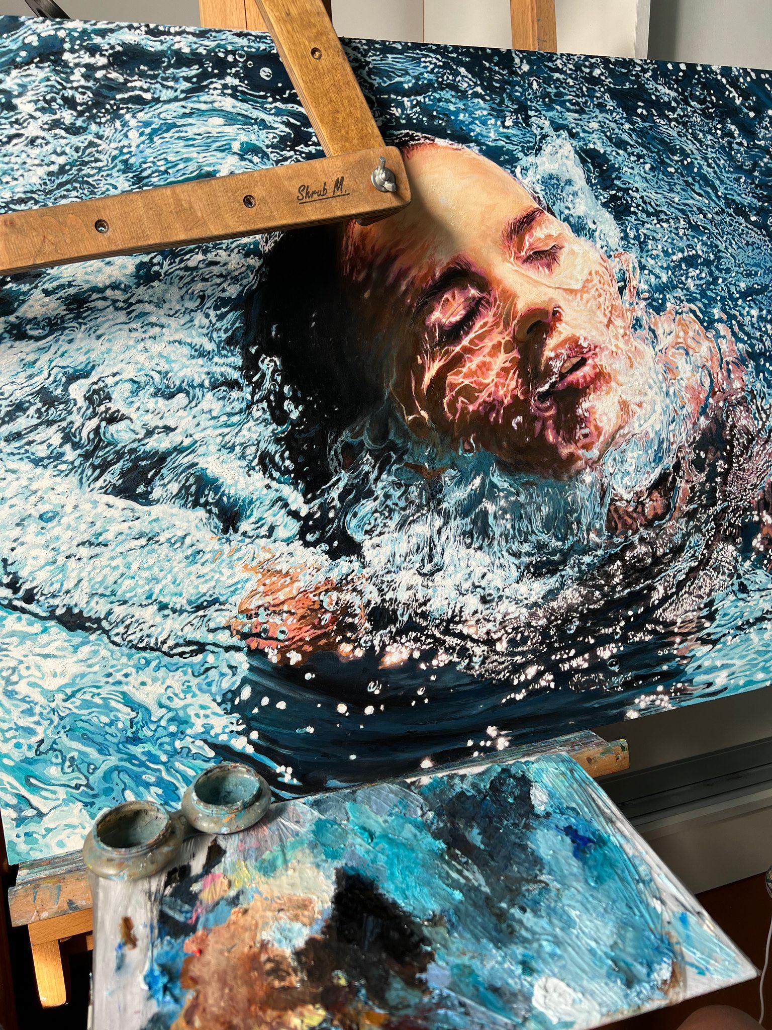 Waves of Freedom - Blue Figurative Painting by DARIA DUDOCHNYKOVA
