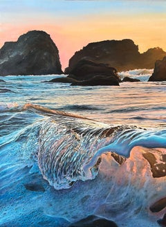 "Il sussurro delle maree" - Pittura a olio iperrealistica del tramonto e delle onde dell'oceano