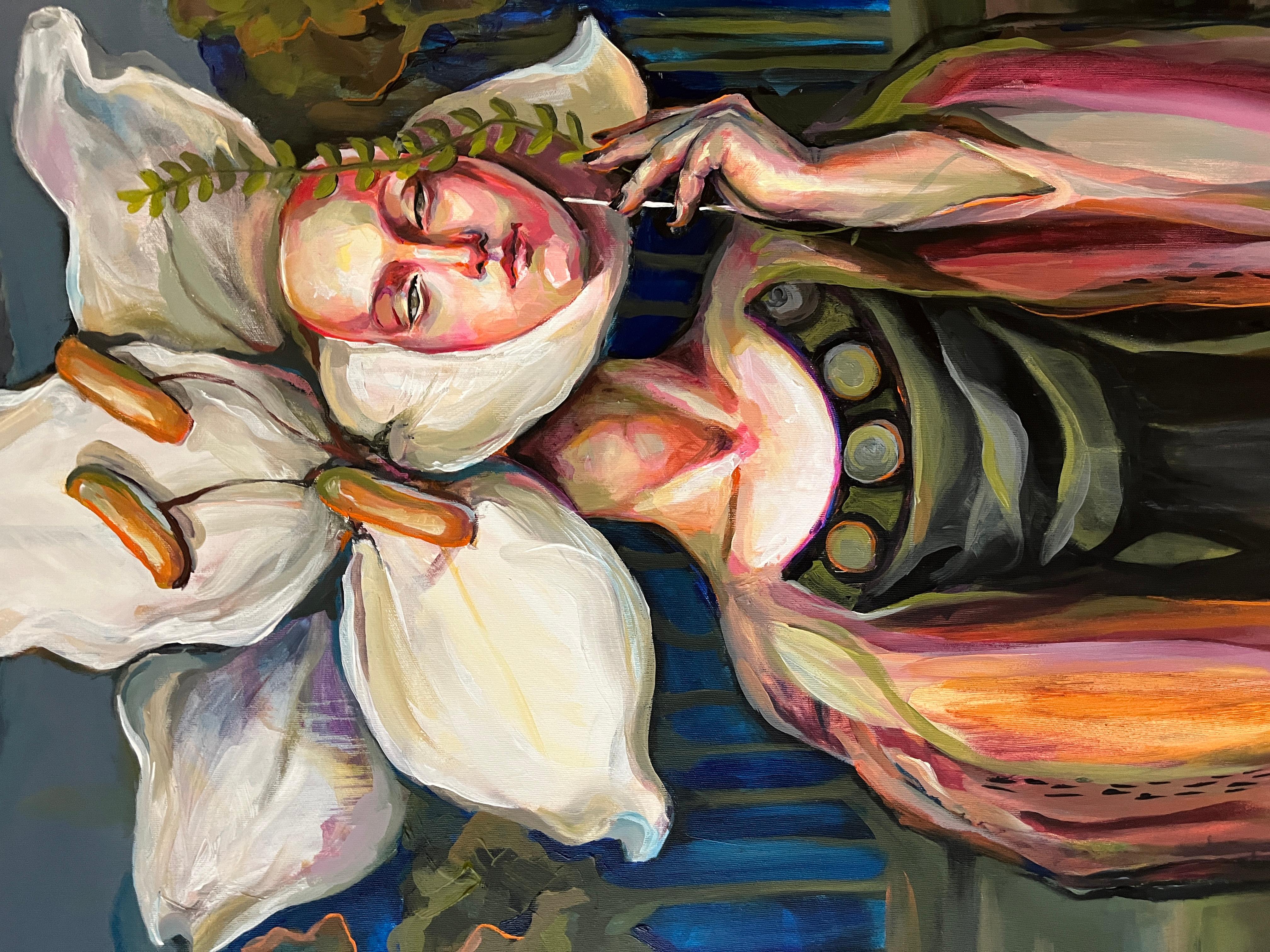 This piece is part of the Metamorphoses series, a body of work that explores the shifting nature of identity between inner truth and symbolic form. The figure combines a monumental flower with the human body and holds a second face gently beside her