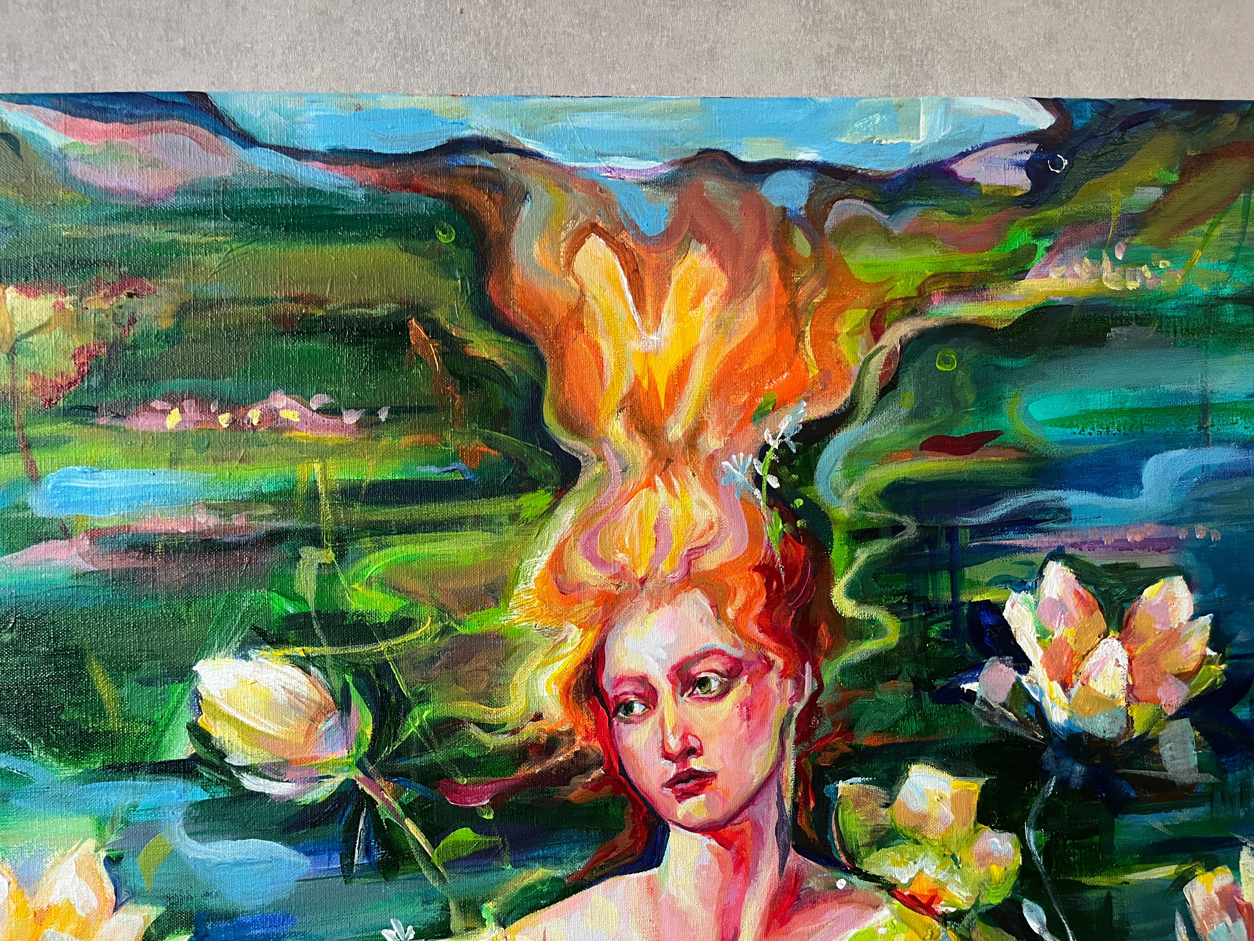 A solitary figure rises amid water and lilies. Currents of devotion keep her afloat.
Unlike the tragic Ophelia, she stands poised and alive, refusing to be claimed by despair. This piece reimagines surrender — not as an inevitability, but as a