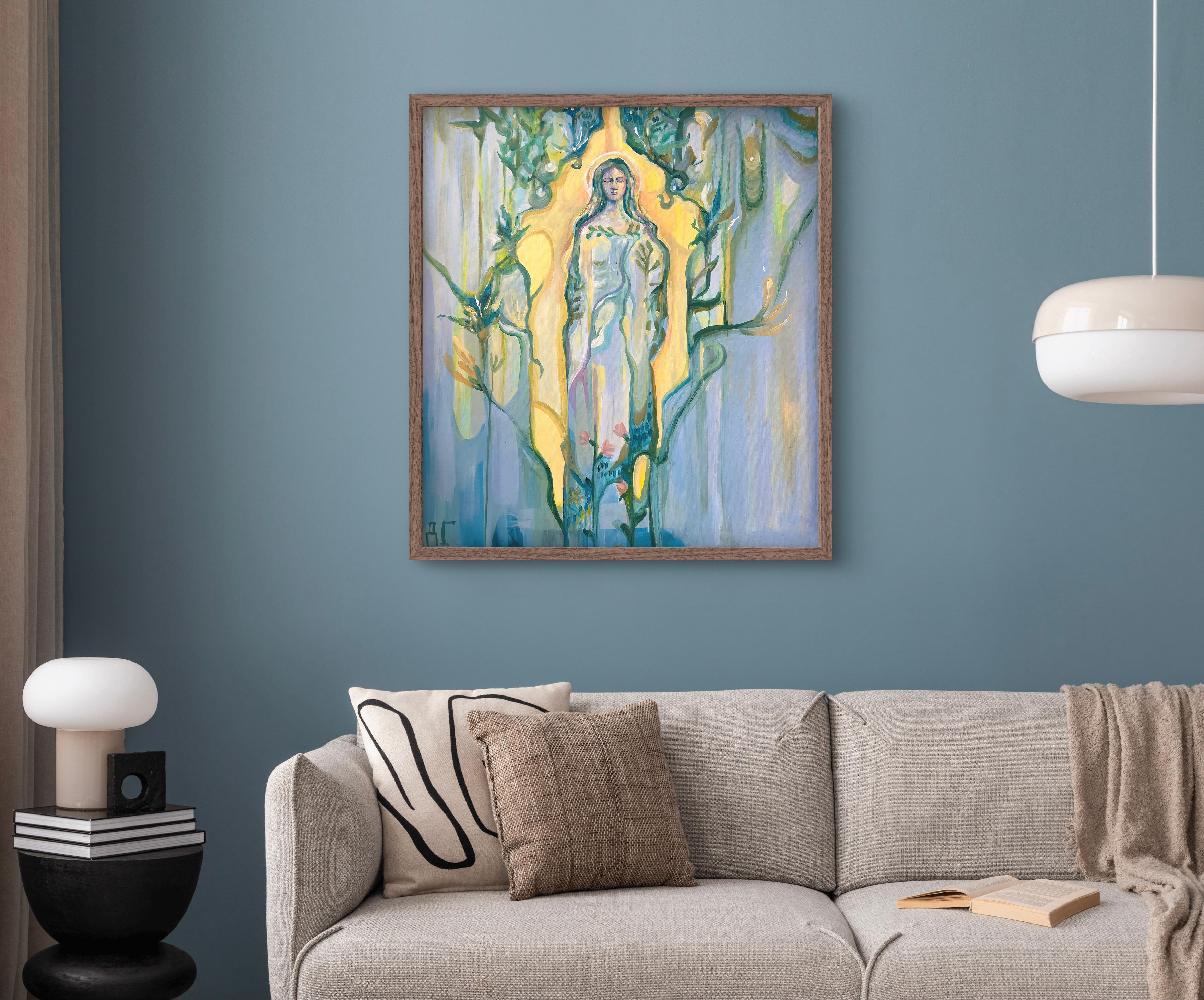 Cette œuvre explore les thèmes de la paix intérieure et de l'harmonie. La figure centrale est enveloppée d'une lumière dorée et fusionne avec le monde naturel pour former l'image unifiée d'un esprit gardien. Sa silhouette est imprégnée de teintes