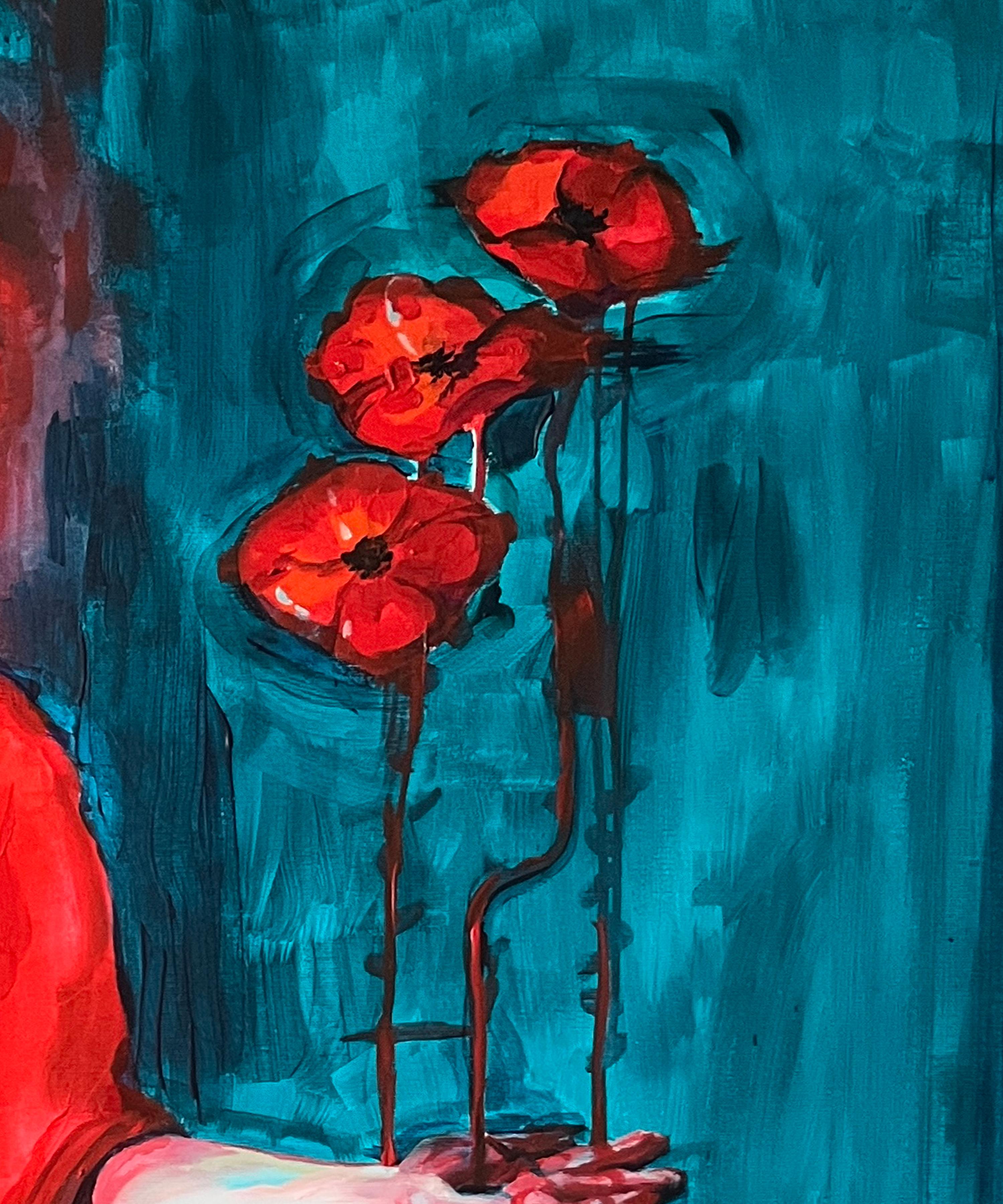 Three Poppies - Blue Figurative Painting by Daria Golovina
