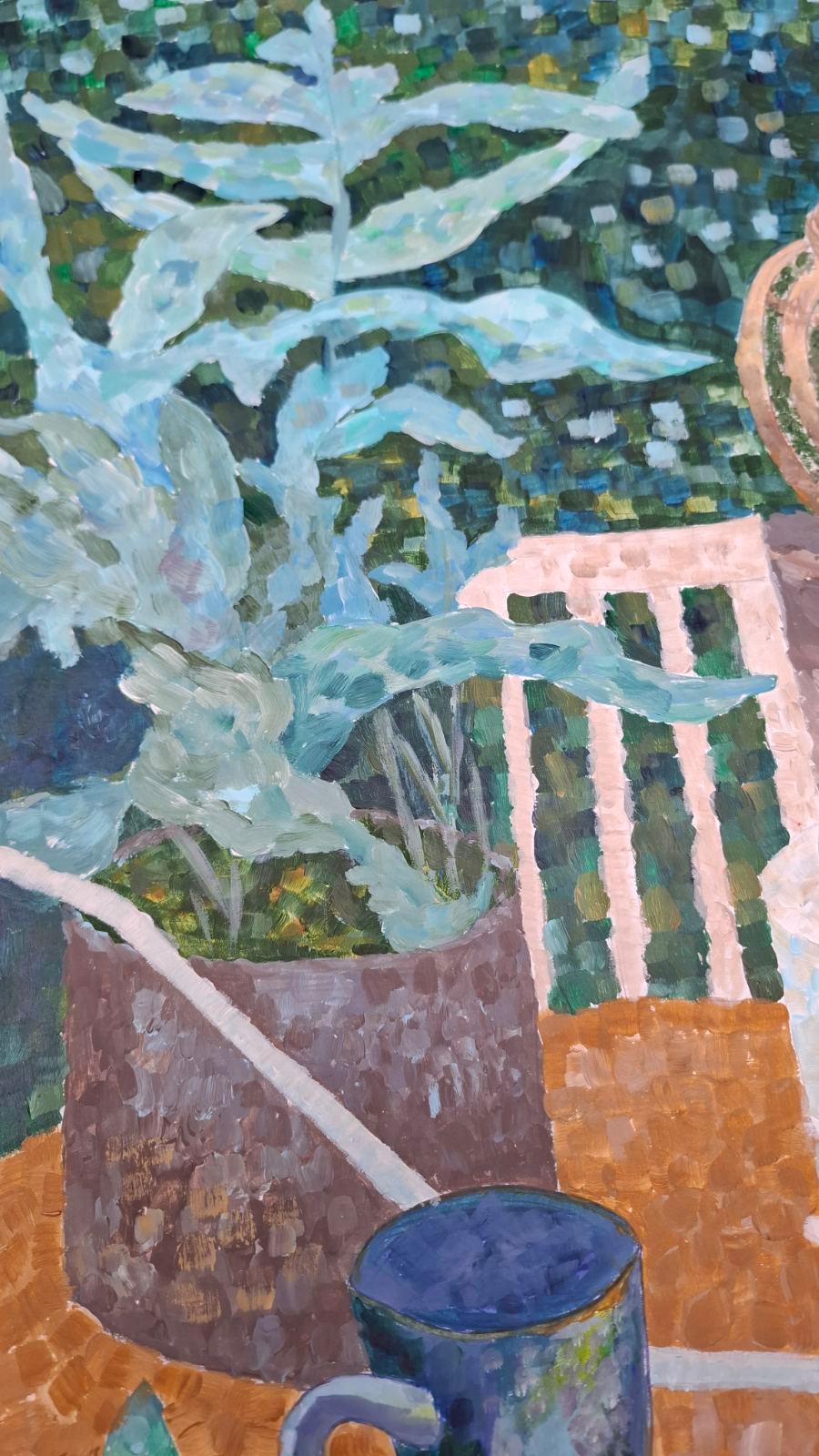 expédié en rouleau 
Cette pièce traite du confort de la vie quotidienne.
Une table de jardin, abandonnée après le café du matin. Les feuilles respirent dans les tons de vert. Un arrosoir qui se souvient encore du contact des mains. Tout semble