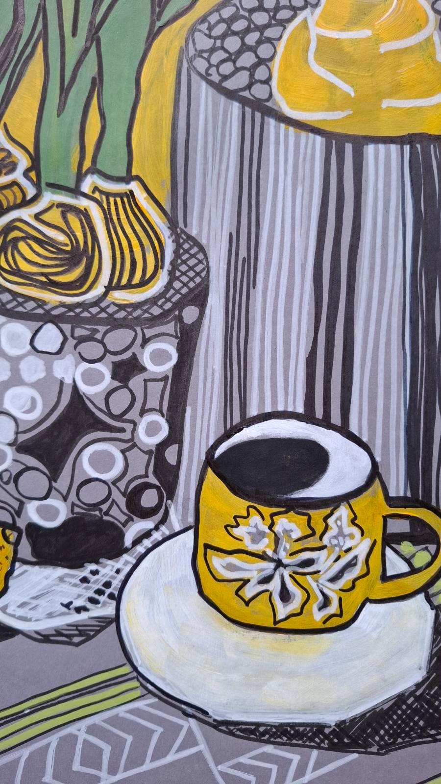 shipped in roll 
This artwork feels like morning sun in your room.
The contrast of black and yellow creates a dramatic yet warm atmosphere. Lemons, a coffee cup, and flowers on the windowsill — a snapshot of life, filled with light and graphic