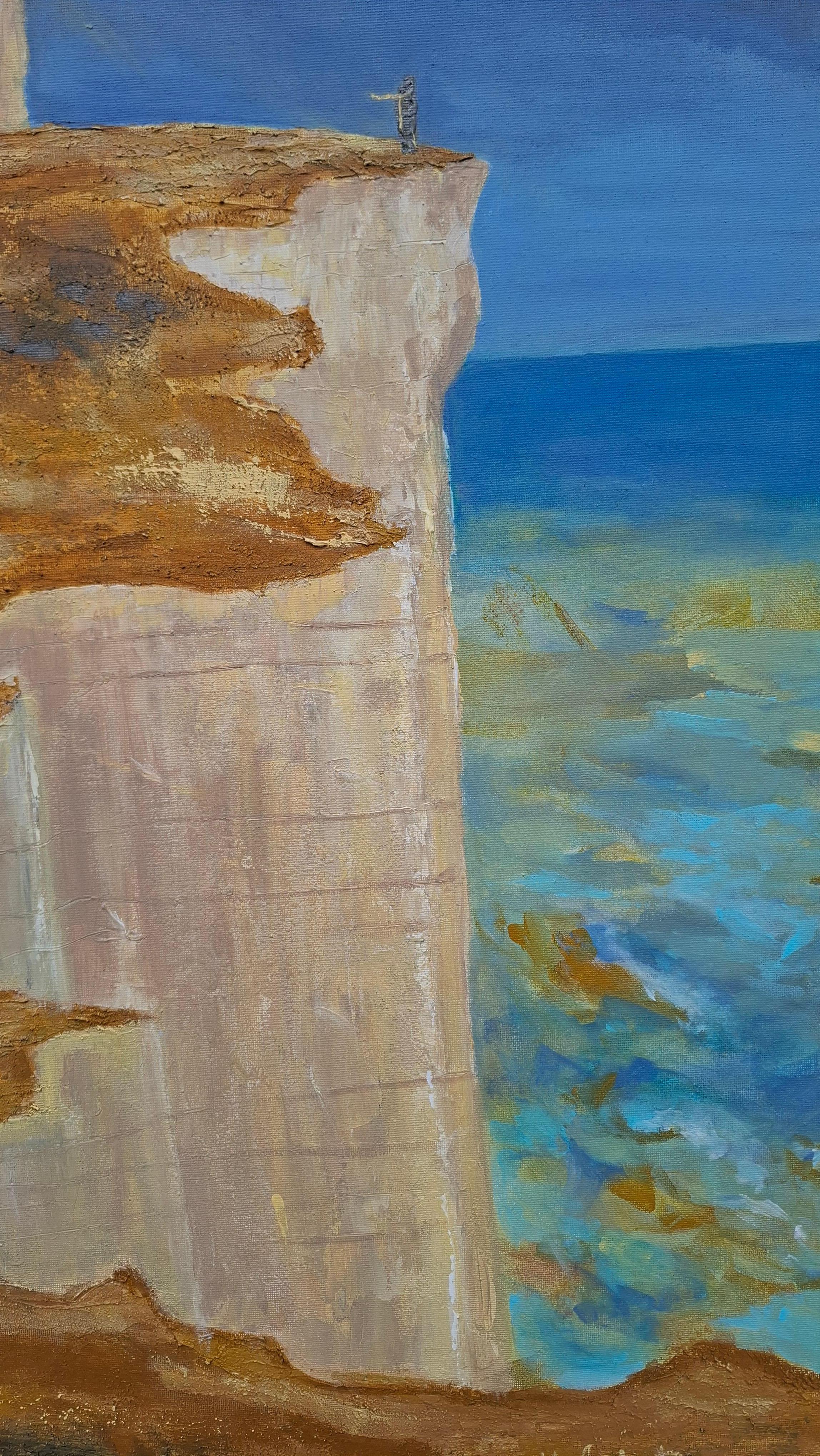 This painting captures the fragile moment of standing on the edge — between the known and the unknown. It reflects the state where fear and freedom coexist, trembling within. The rough texture of the cliff emphasizes the power of the earth, while