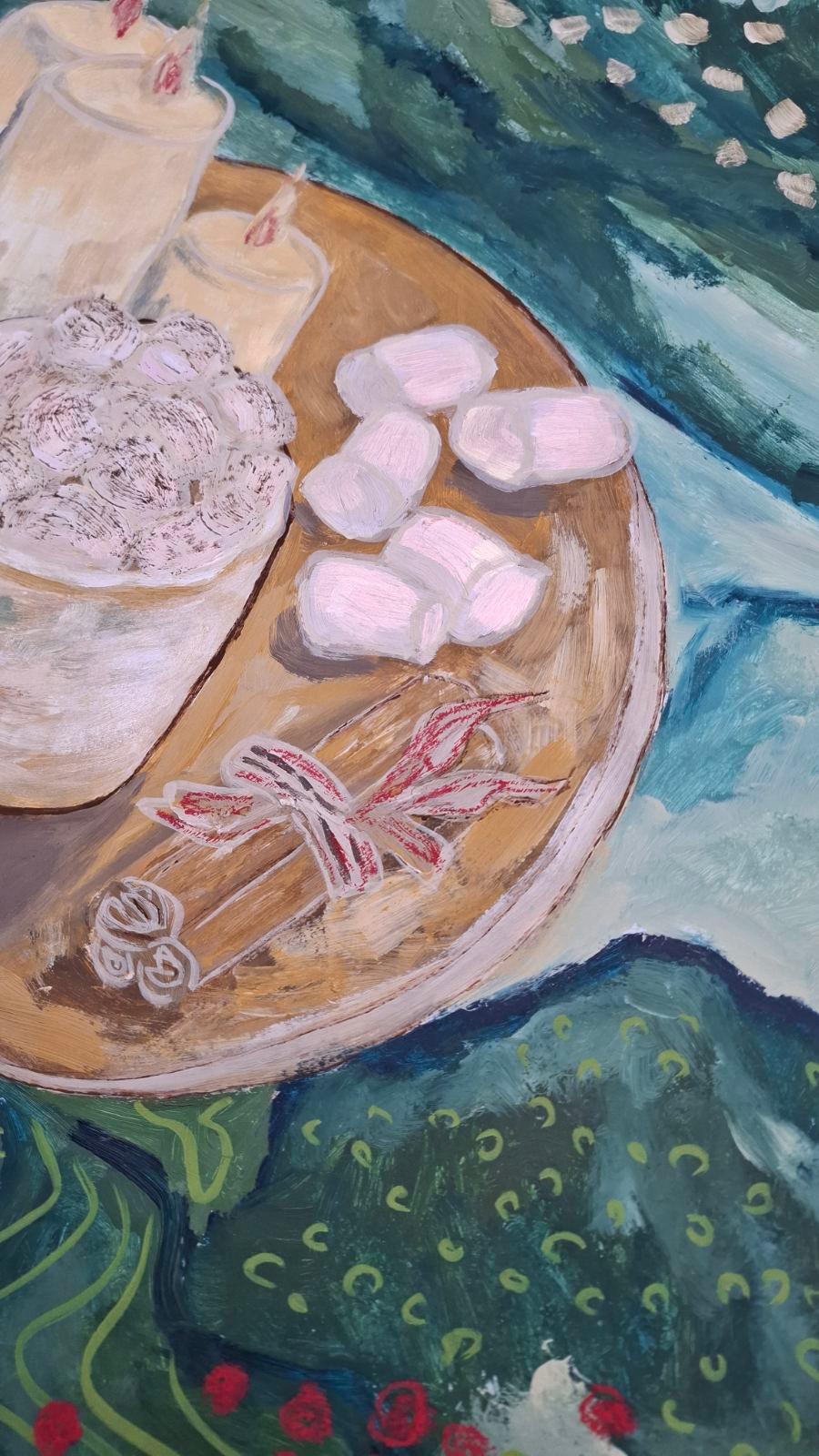 expédié en rouleau 
Cette peinture capture un moment de Trueing. Pas nécessairement un lieu, mais un sentiment. Une chaleur intérieure, enveloppée d'un parfum de cannelle et de cacao, où l'on s'appartient pleinement.

Des bougies, des guimauves