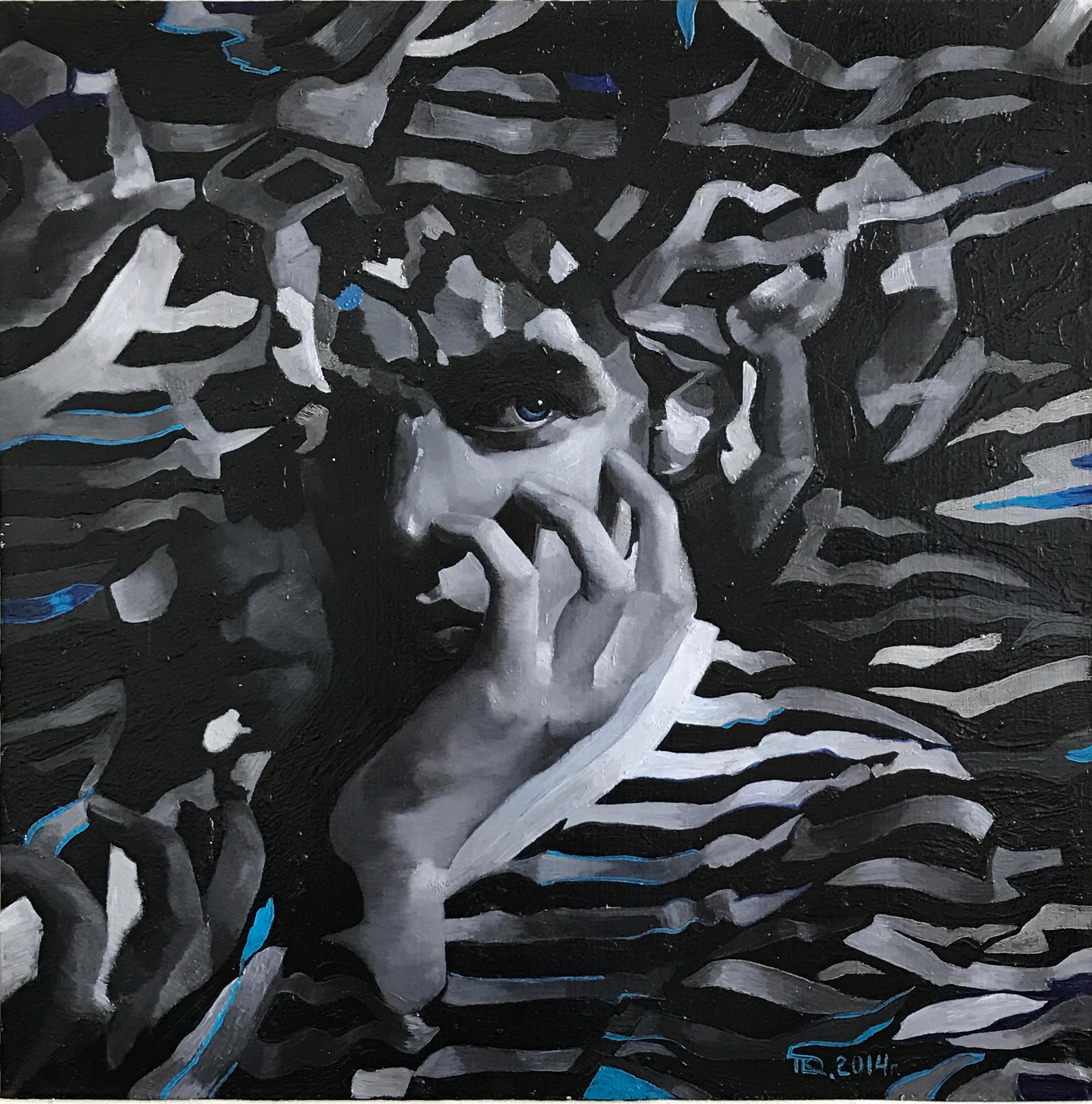 Daria Kotlyarova Figurative Painting – Hide and Seek (Porträt) - abstrakte Kunst, hergestellt in Schwarz-Weiß- und Blautönen
