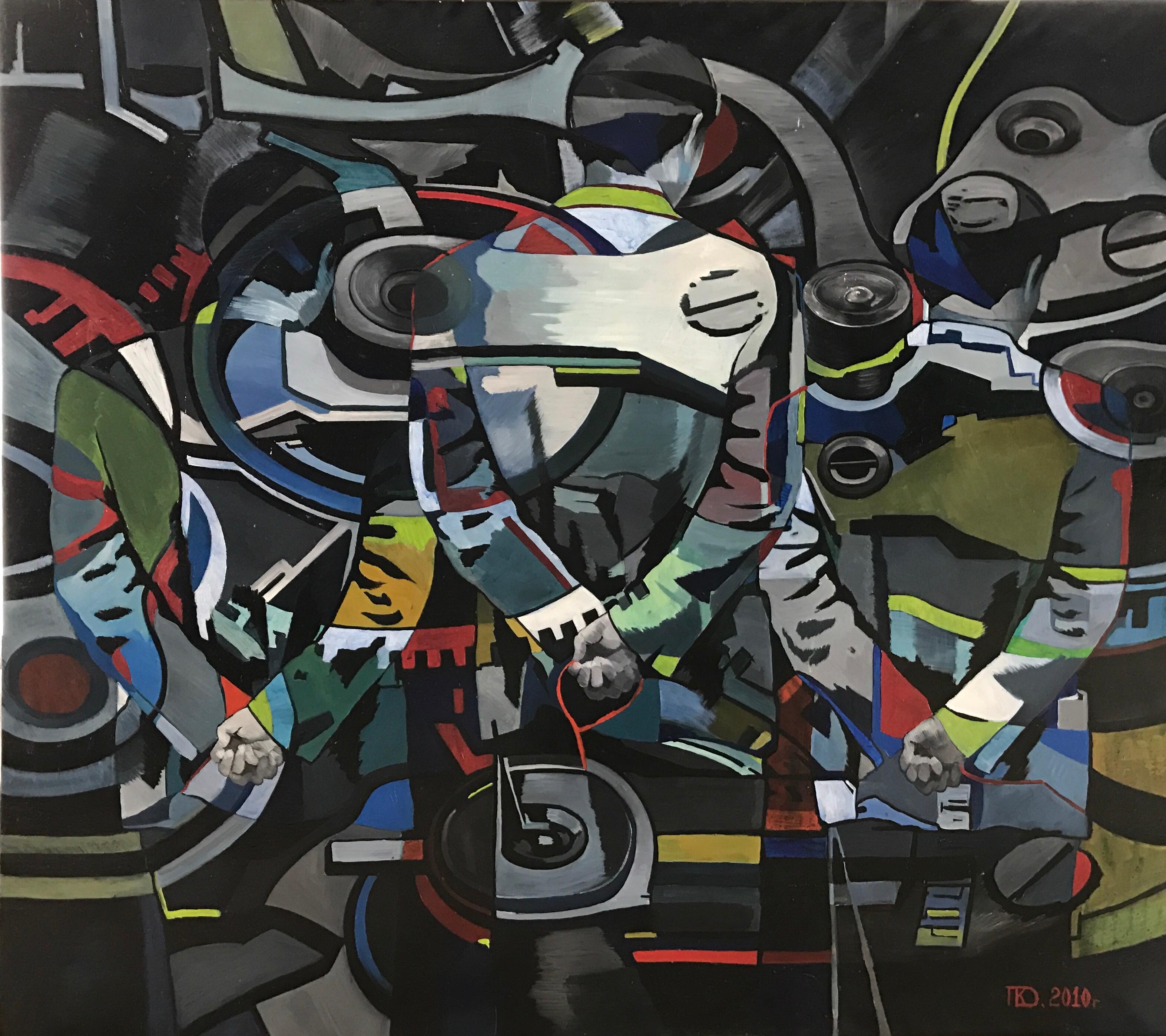 Daria Kotlyarova Figurative Painting - Negation (clockwork) - abstract painting, made in black, grey, green, red, blue