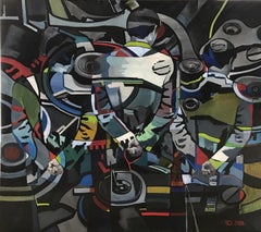 Abstraktes Gemälde (Uhrwerk) - abstraktes Gemälde, in Schwarz, Grau, Grün, Rot, Blau gemalt