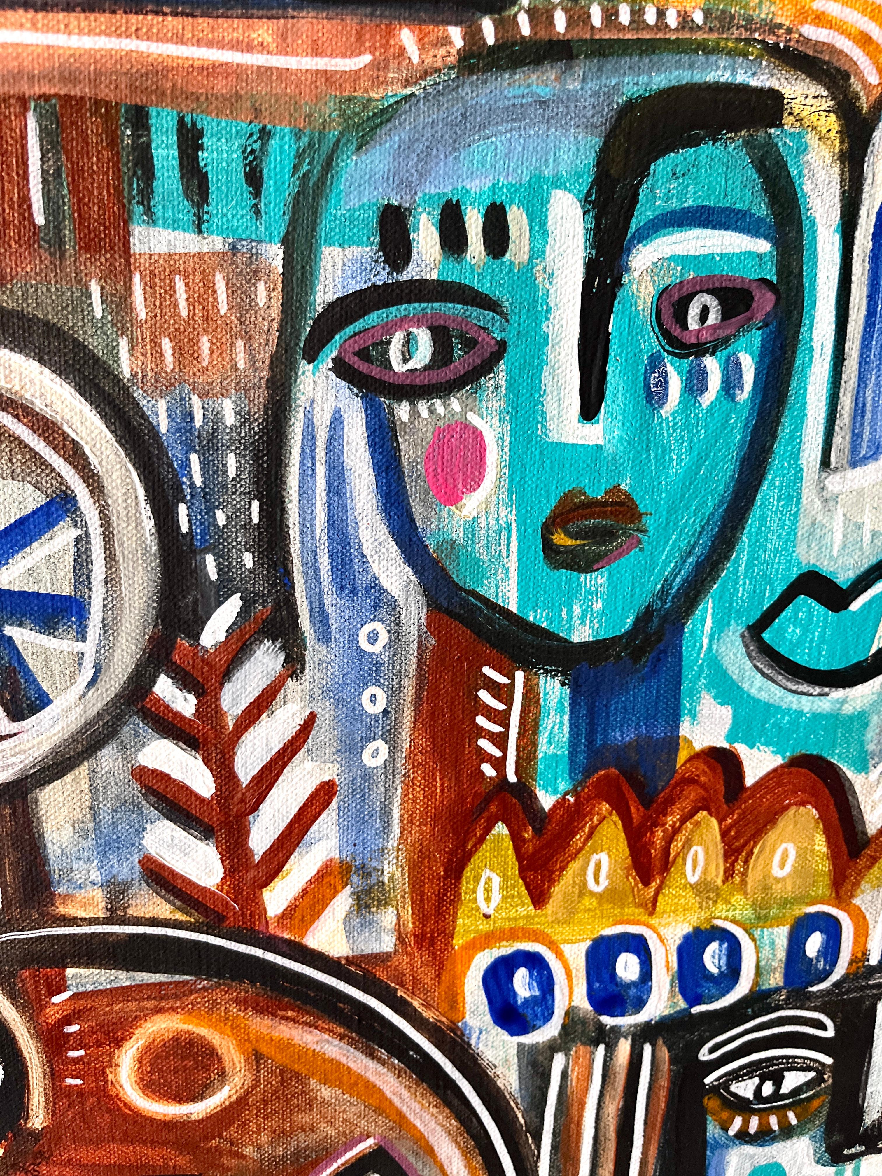 Pintura original de Daria Kusto.
Acrílico sobre lienzo.
He reunido un mosaico de caras y patrones, imaginando su conexión, y te daré la oportunidad de componer tu propia historia para esta imagen, porque cada uno de los personajes podrías ser tú)
La