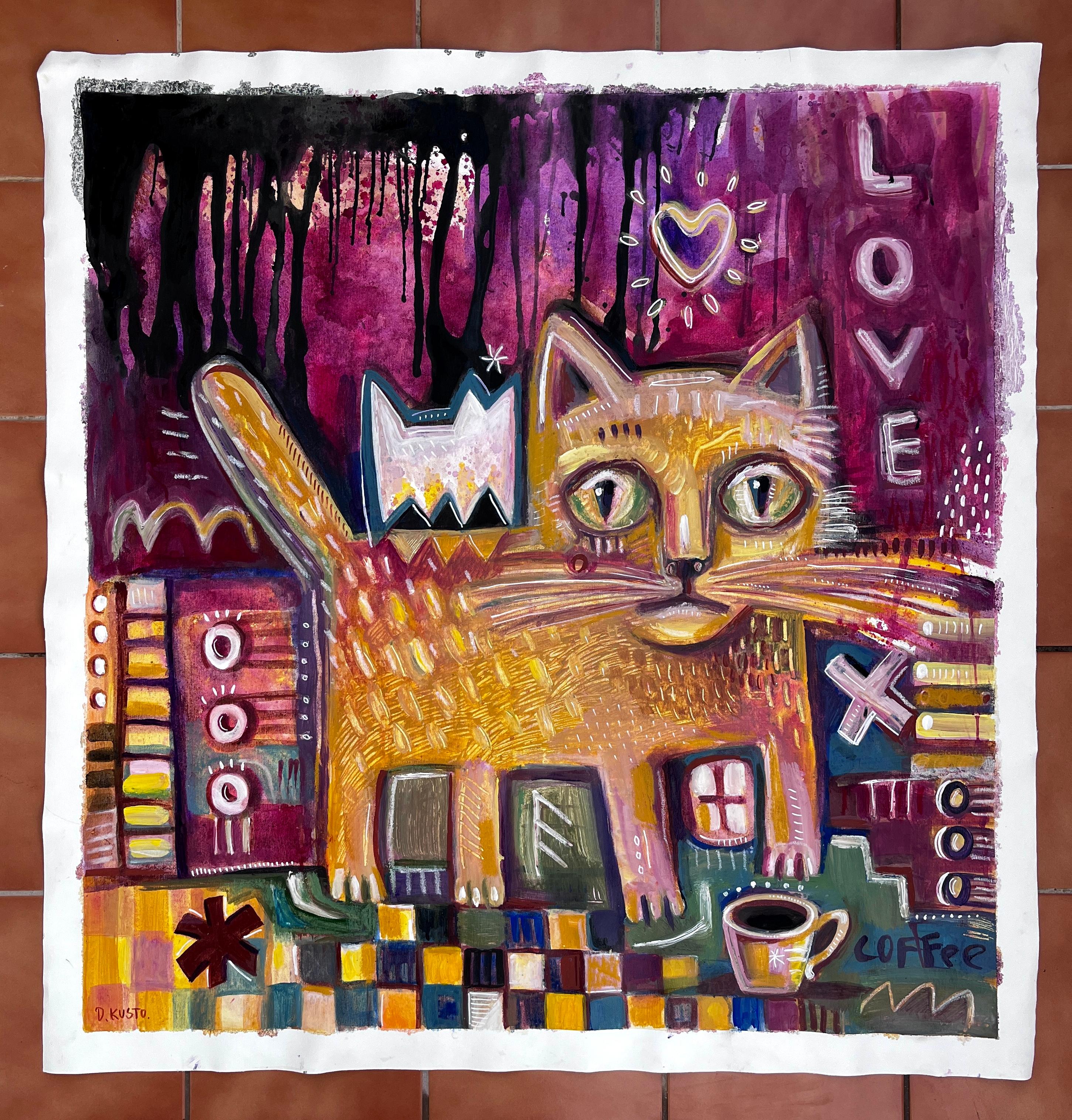 „COFFEE WITH CAT“ – Painting von Daria Kusto
