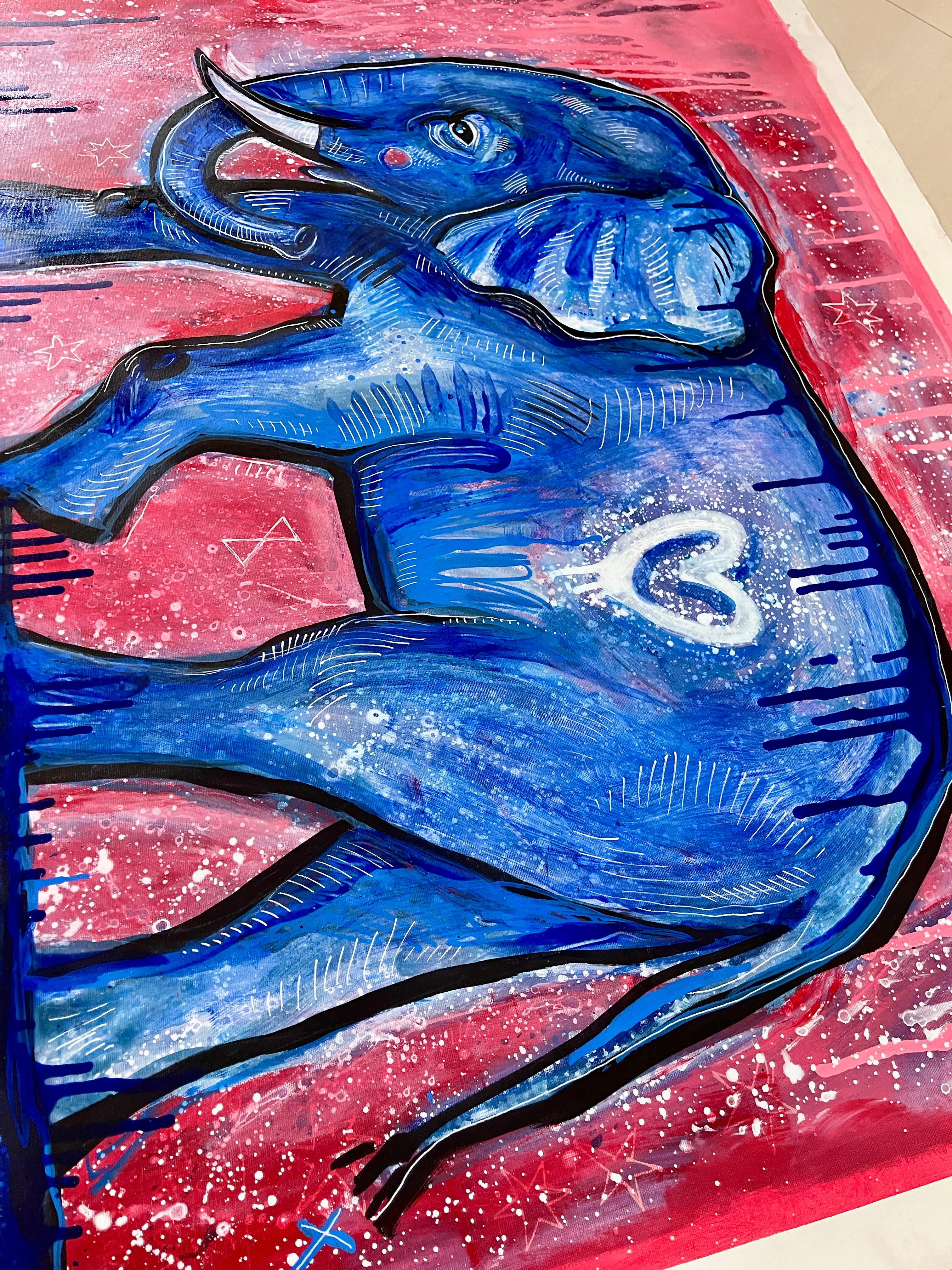 Peinture originale de Daria Kusto.
acrylique sur toile.
La réalité des flux magiques...
Un éléphant rêveur, d'un bleu profond, marchant dans un ciel étoilé,
allie l'énergie cosmique à un symbolisme doux.
Roulés dans un tube solide depuis la