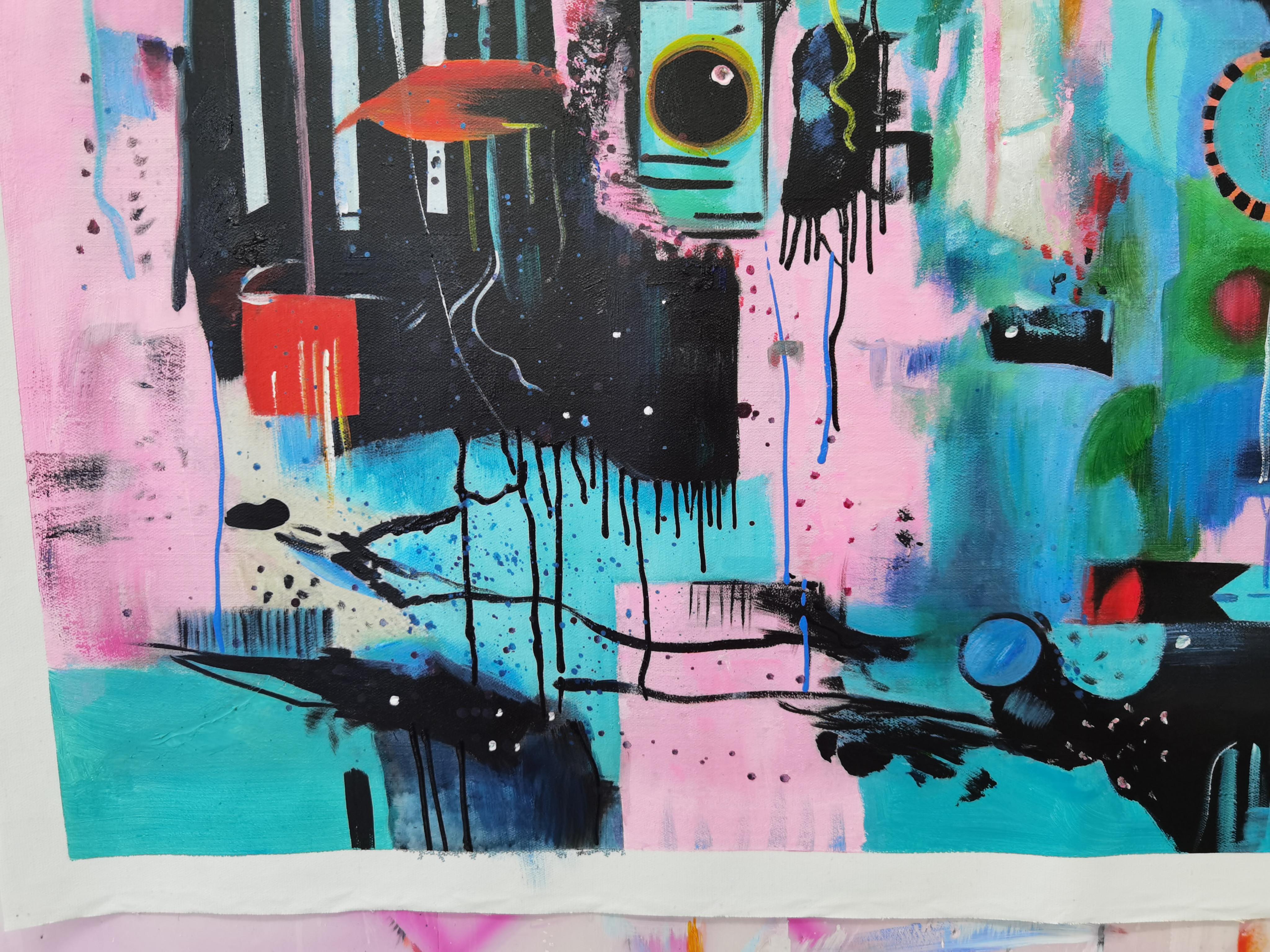 Original painting by Daria Kusto.
This painting captivates with its vibrant color palette, reminiscent of bubblegum shades—from bright pinks to deep blues. Abstract forms and dynamic brushstrokes convey a sense of movement and chaos, creating an