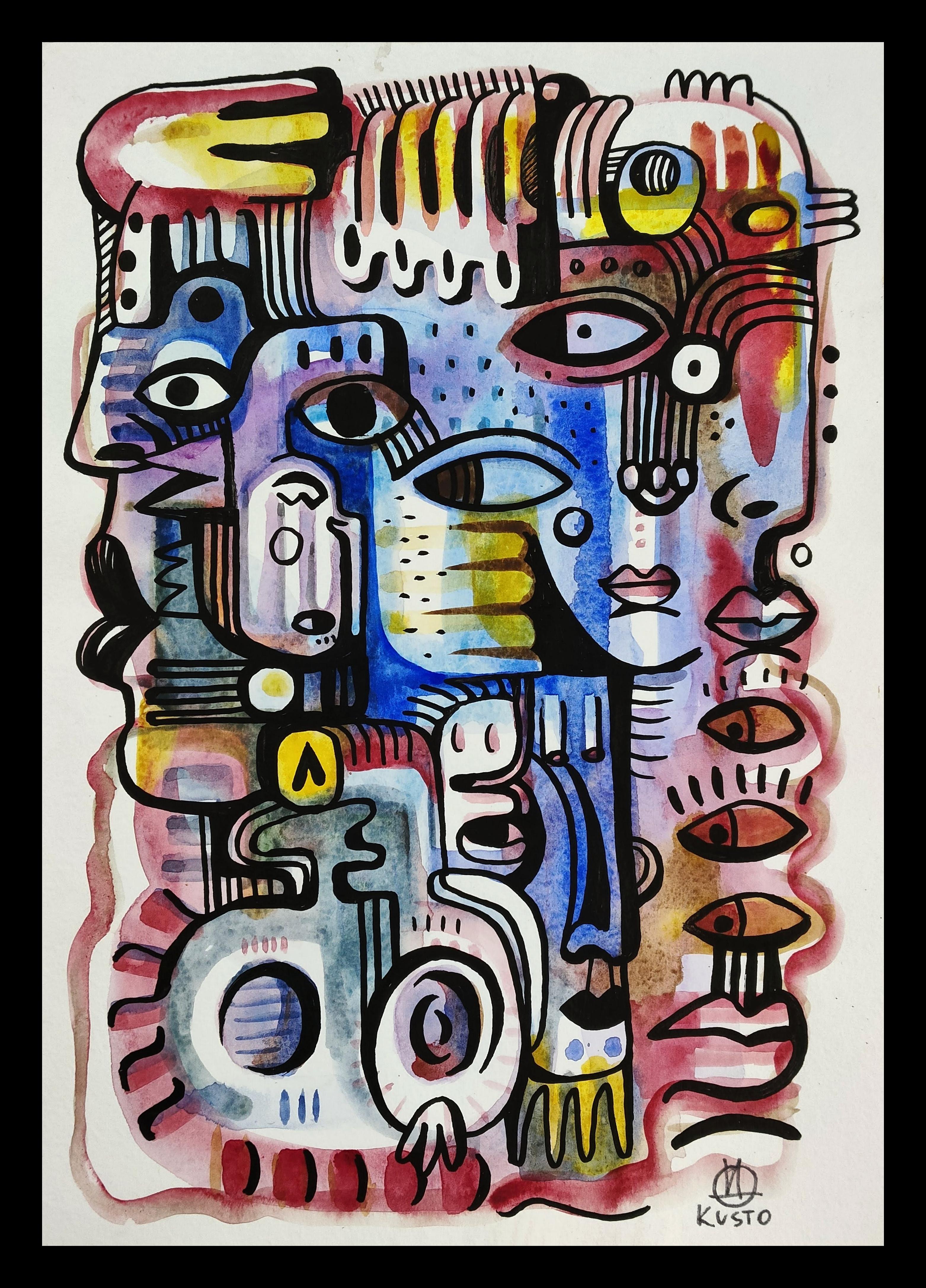 FACES - Gris Figurative Painting par Daria Kusto