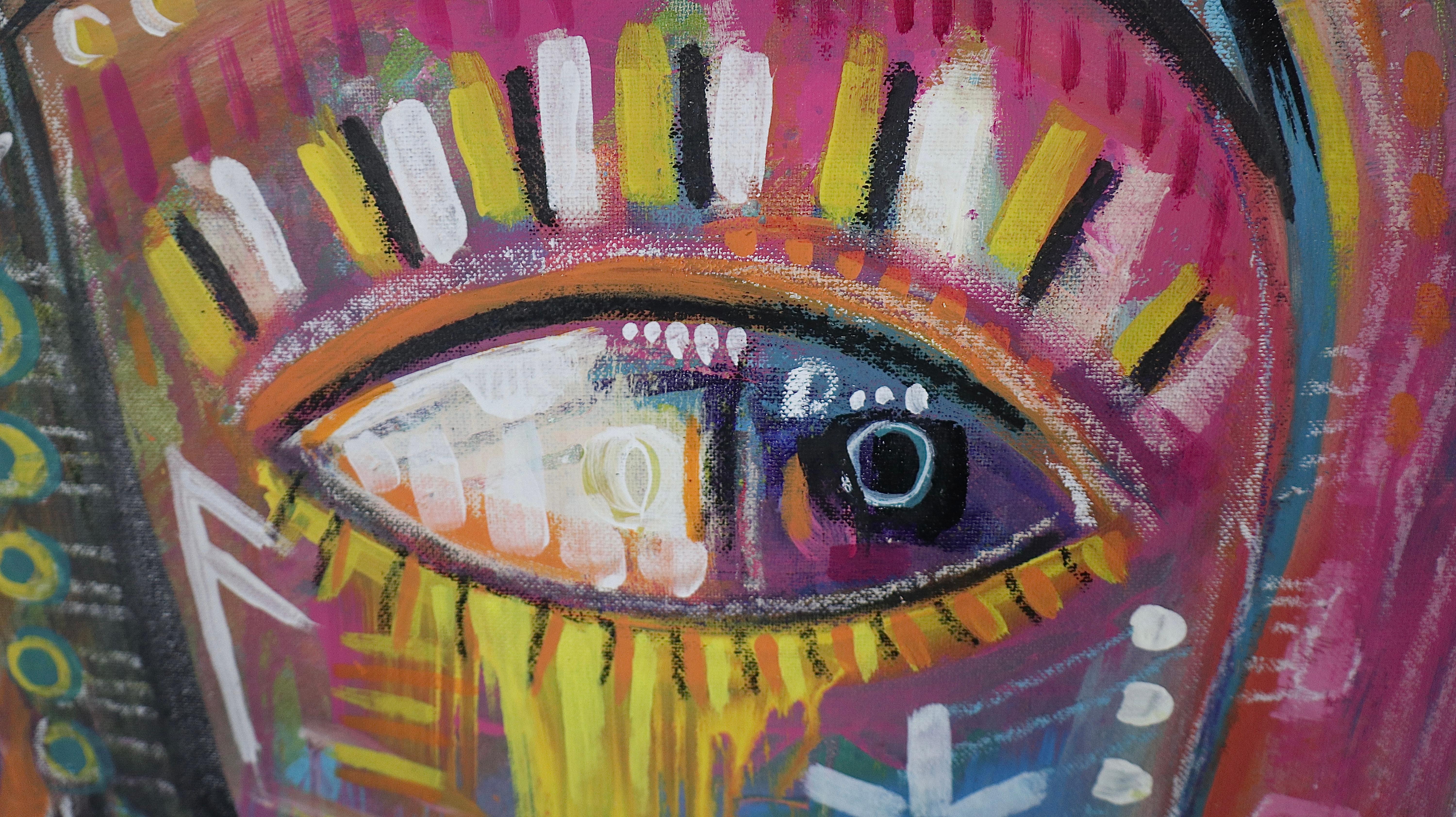 Peinture colorée avec fleur, oiseau et fille - Marron Portrait Painting par Daria Kusto
