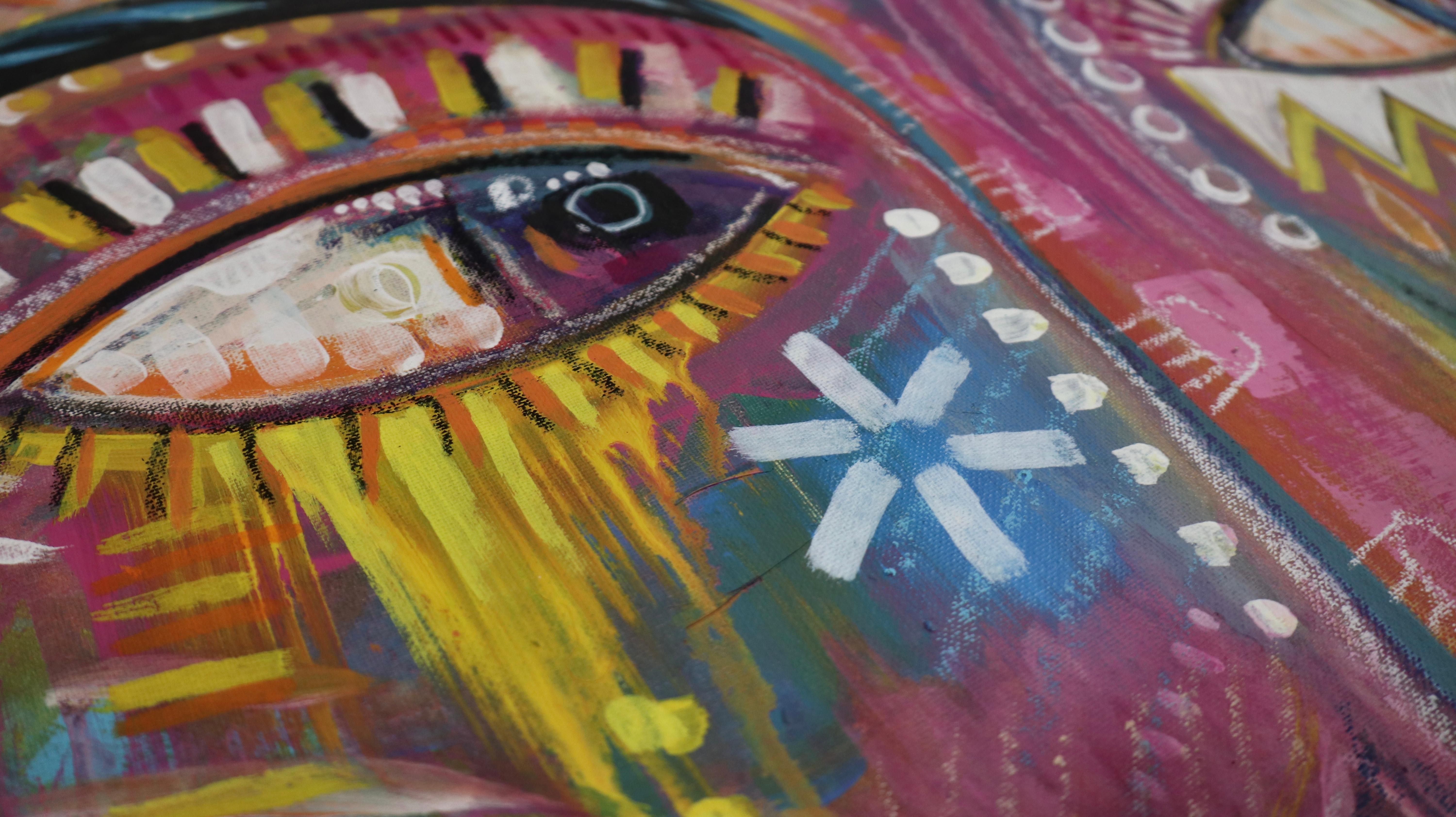 Peinture colorée avec fleur, oiseau et fille en vente 2
