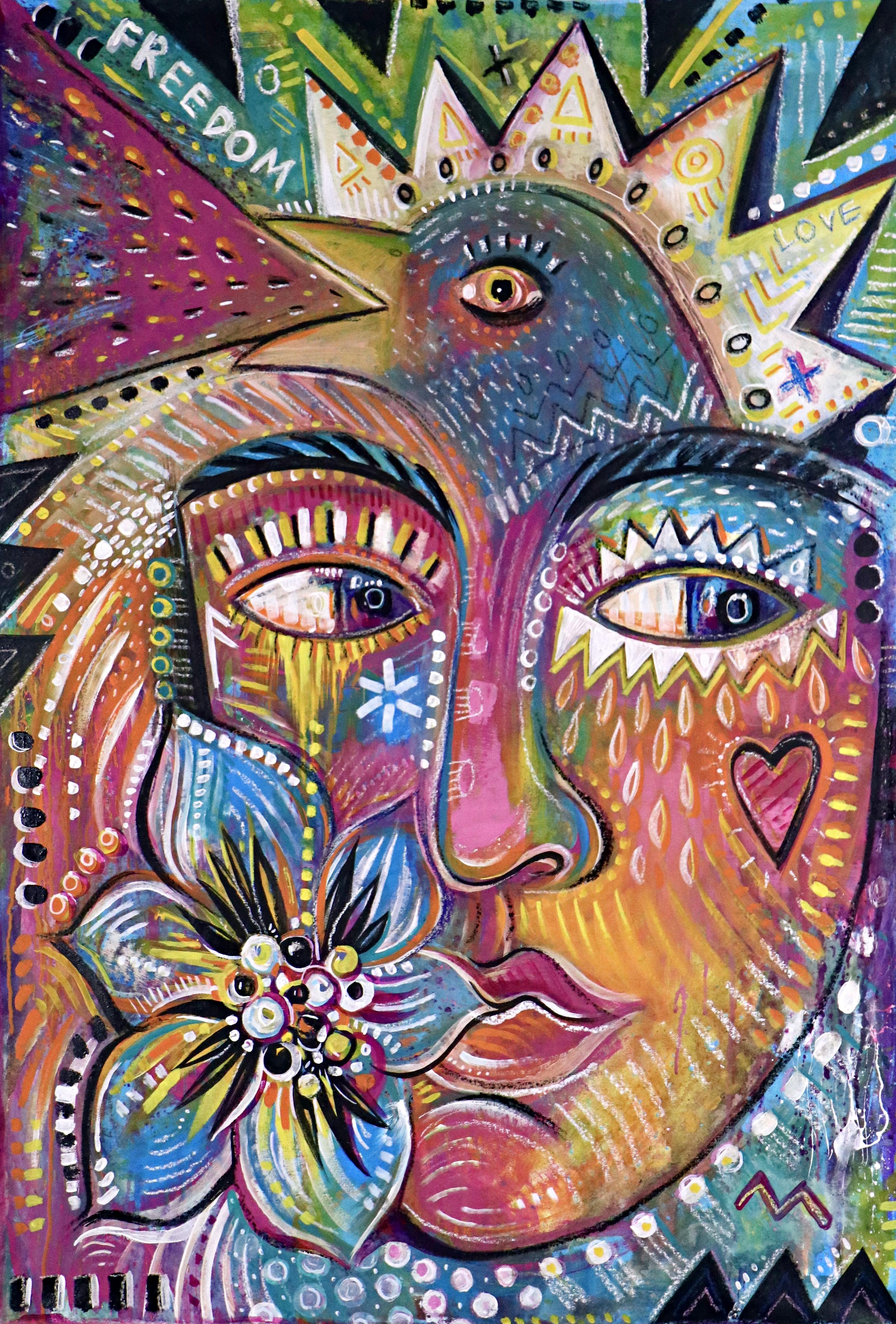 Portrait Painting Daria Kusto - Peinture colorée avec fleur, oiseau et fille
