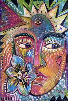 "FREEDOM" colorful painting with flower, bird and girl.