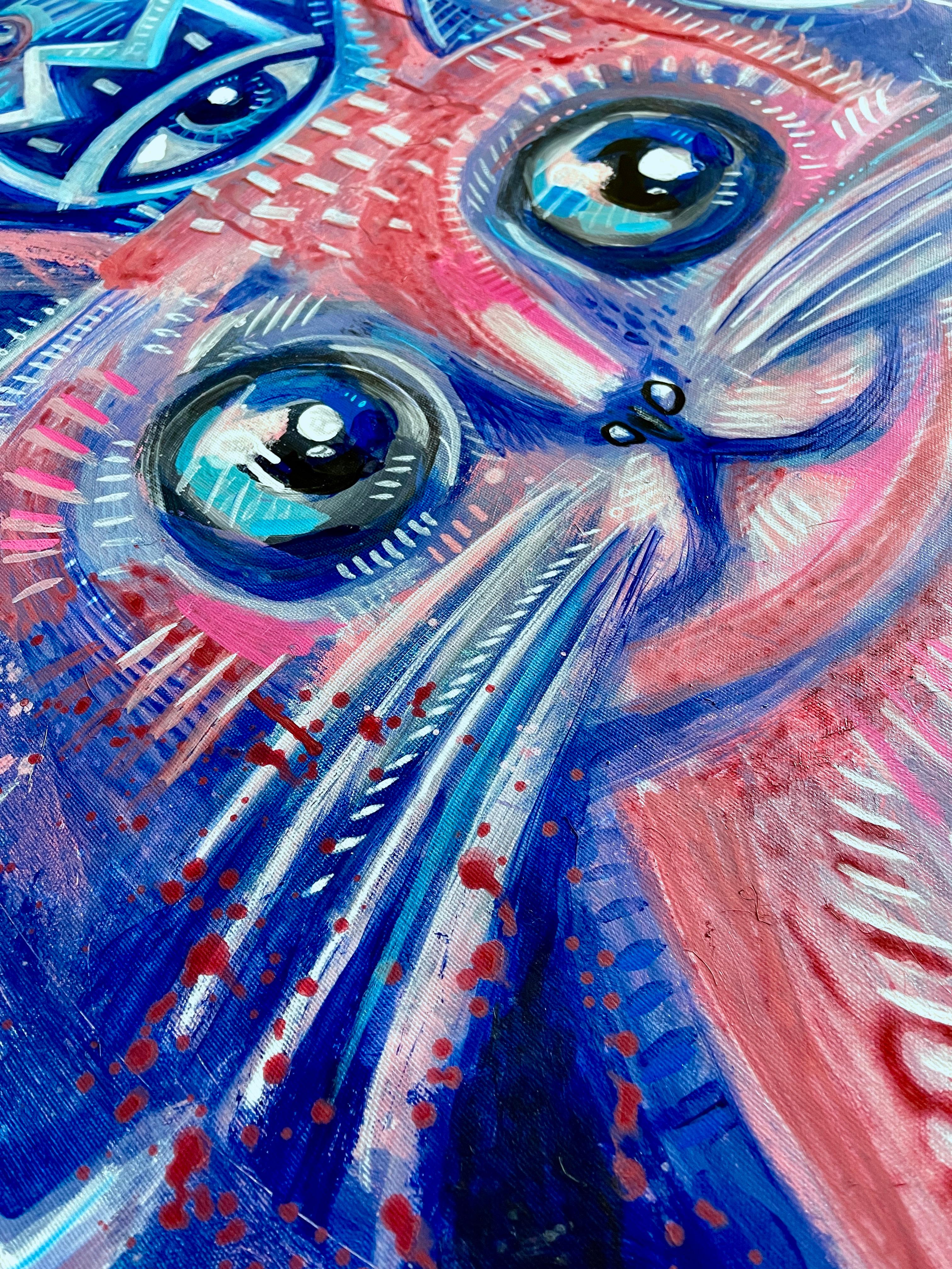 Original painting by artist Daria Kusto.
Acrylic on Canvas.
The magic flow reality...
A big-eyed pink kitty stares out from a dreamy electric-blue world filled with floating symbols, doodles, and secret signs. There's a crown with an eye, smiling