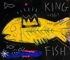"KING FISH" pintura, acrílico en lienzo, art brut, estilo pop art.